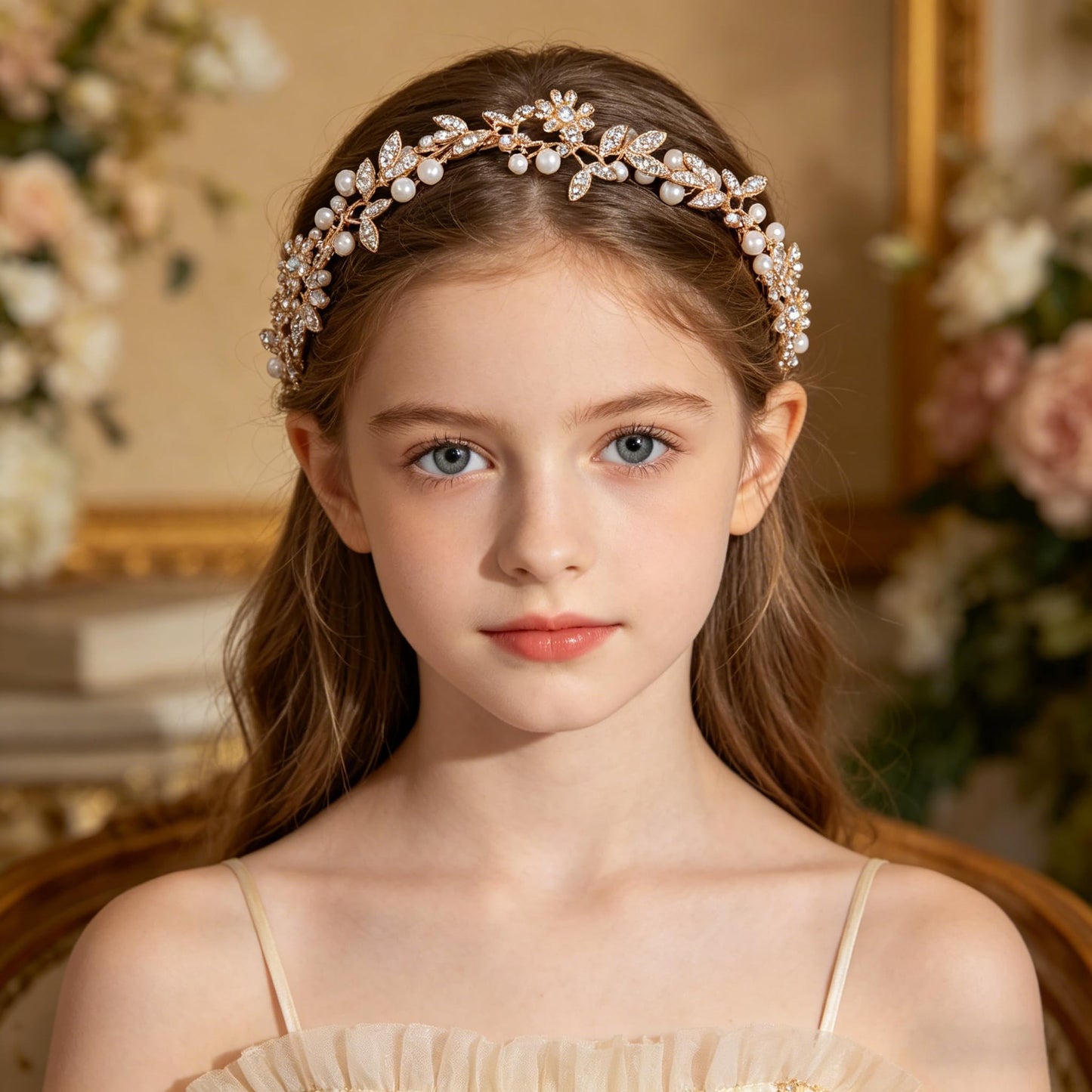 Gold Leaves & 9-Petal Crystal Flowers Pearls Bridal Hair Vine, 12.7" Handmade Wedding Headpiece, Flexible Bridal Headband with 19.5" Satin Ribbon for Bride Bridesmaid Prom Pageant Formal Events