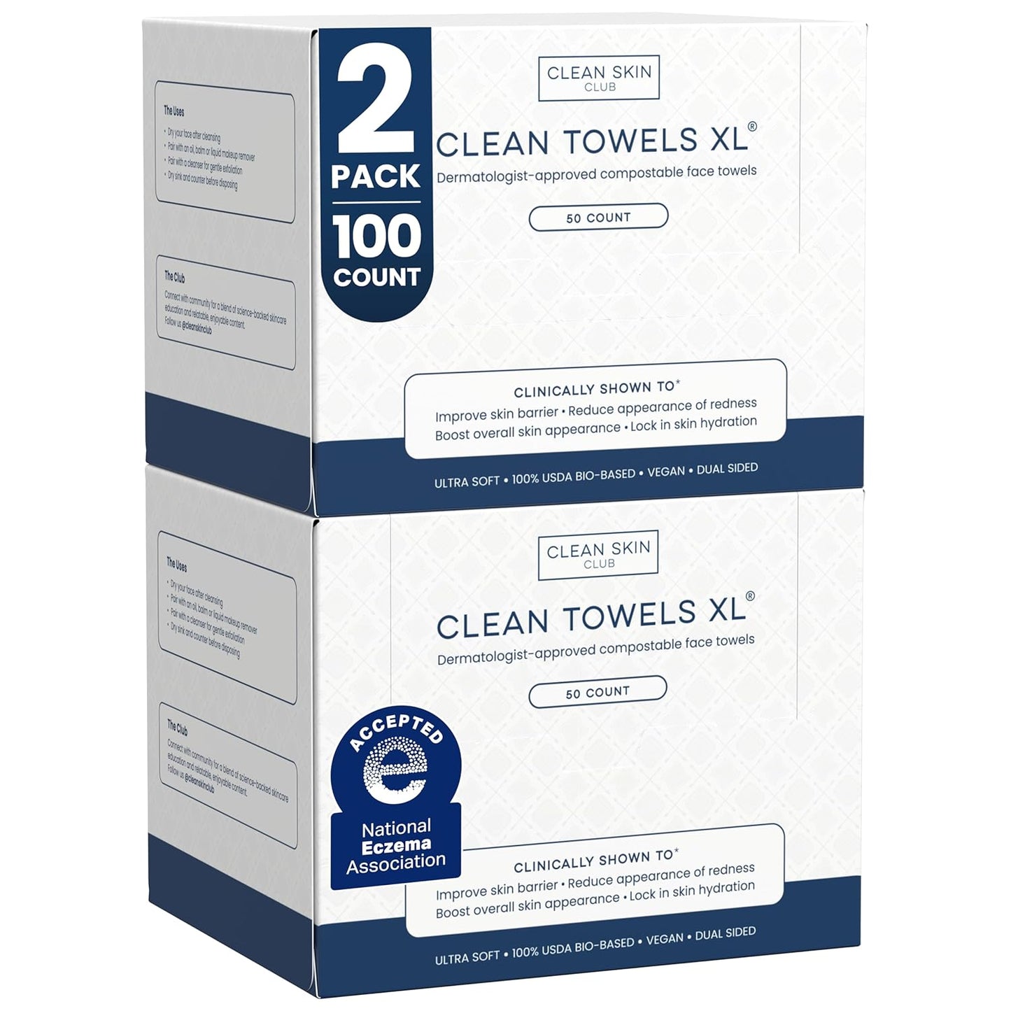 Clean Skin Club Clean Towels XL® - 100% Biobased Disposable Face Towels | Ultra Soft Makeup Remover, 50 Ct