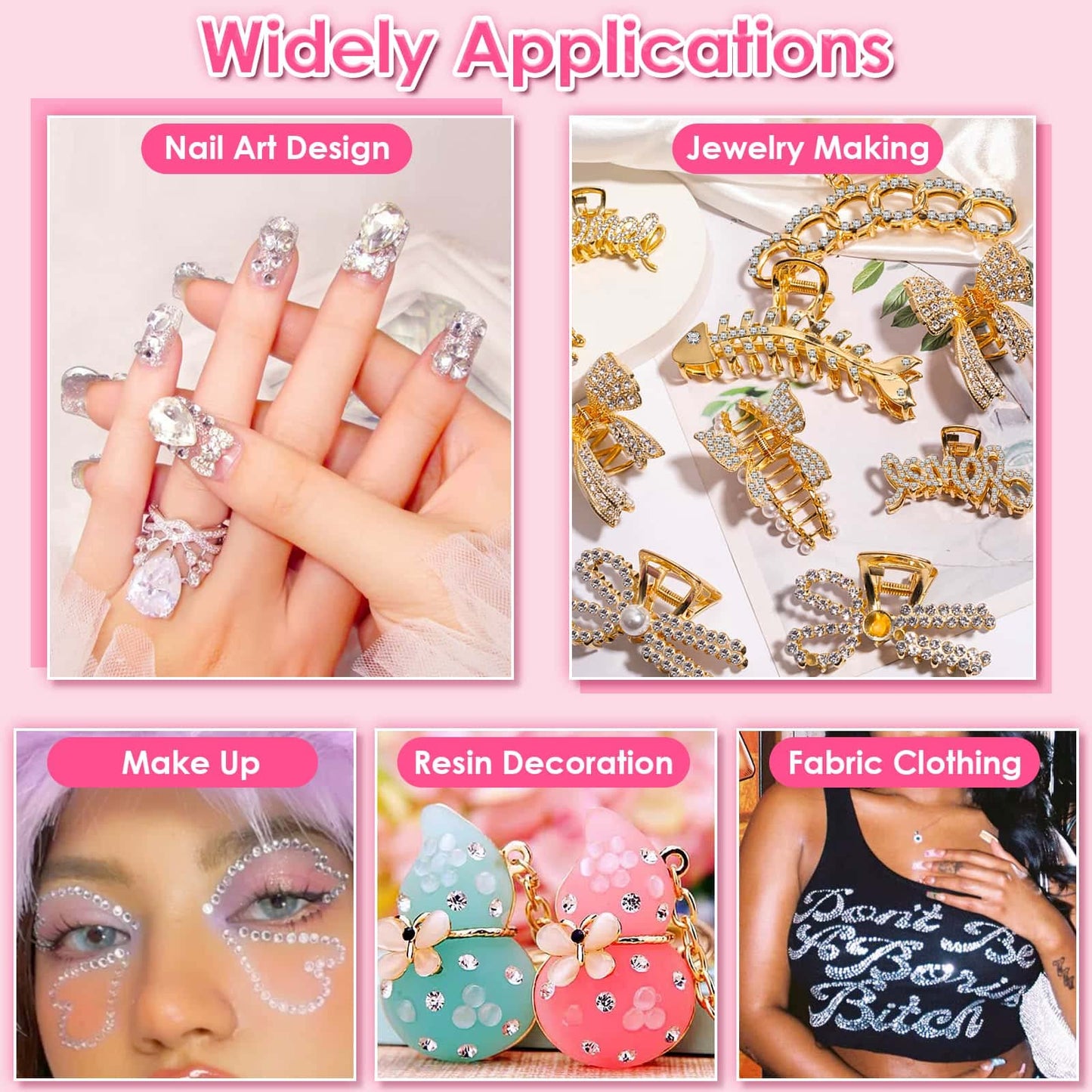 Audab B7000 Jewelry Adhesive Glue with Glass Rhinestones for Crafts, 2100Pcs Flat Back Gems Crystal Not Resin Rhinestones with Tweezer Clear Glue for DIY Clothes Fabric Shoes Jewelry Making Nail Art