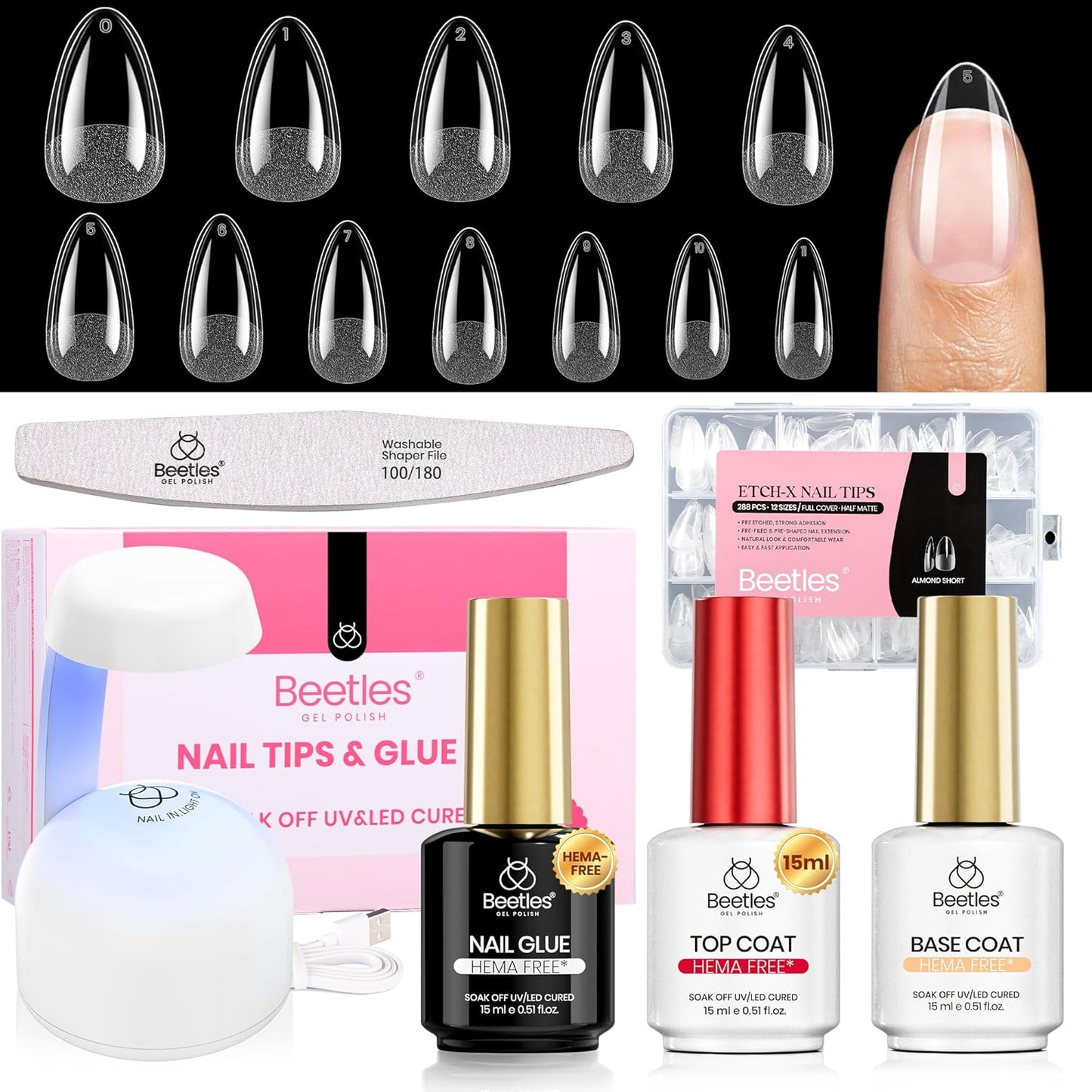 Coffin Gel Nail Tips | Medium Half Matte Press-On Nails - 288 Pcs, 12 Sizes for Easy DIY Manicure
