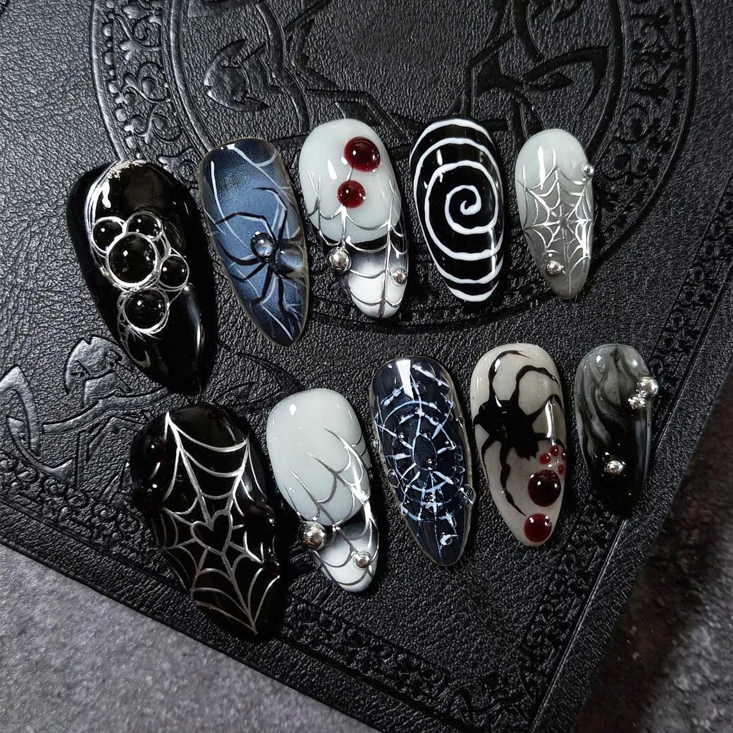 30Pcs Halloween Press-On Nails - 3D Spider & Bat Designs | Medium Almond Acrylic Tips for Women