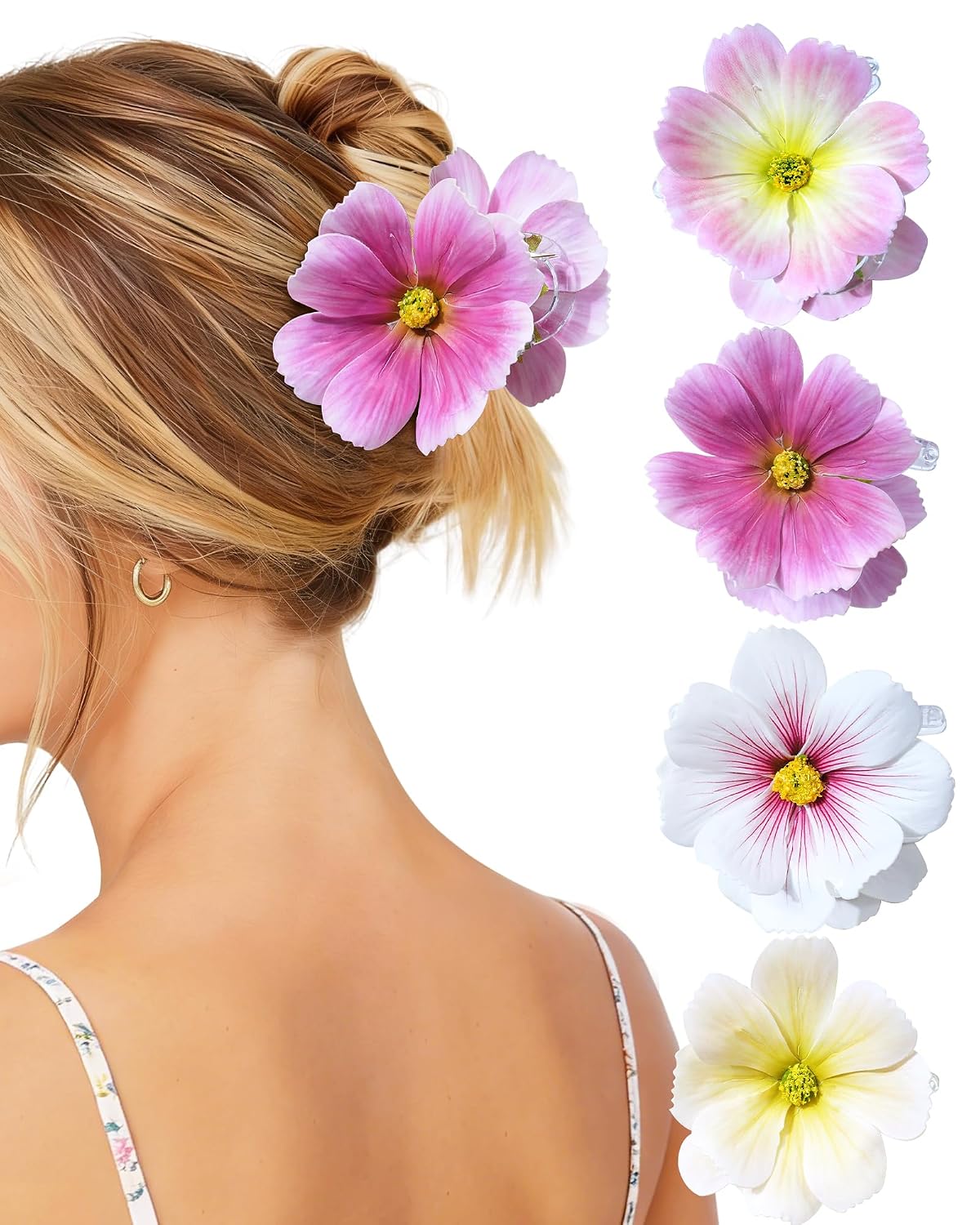 Hawaiian Flower Hair Claw Clips - 4 Pack Artificial Tropical Orchid | Wedding & Beach Party Accessories (Blue, Green, Pink, Yellow)