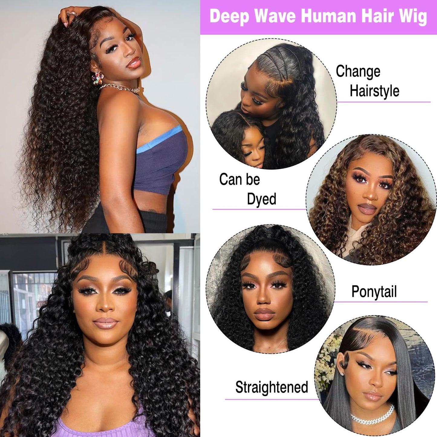 250% Density 13X6 30 Inch Deep Wave Lace Front Wigs Human Hair Curly Wig Wet and Wavy HD Lace Front Wig Pre Plucked 100% Real Human Hair No Synthetic Blend No Tangle No Shedding Triple Lifespan 3X