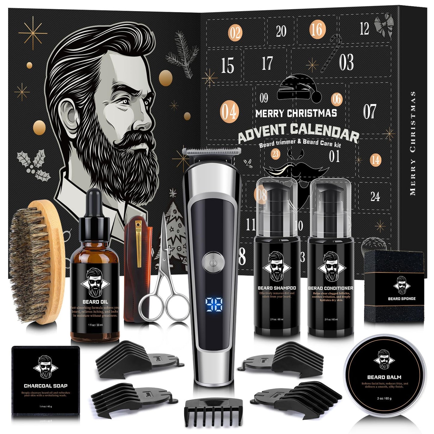 Hair & Beard Advent Beauty Calendar 2025 for Men Grooming Kit, 24 Days Christmas Countdown Calendar with Electric Trimmer Kit & Beard Care Kit for Men, Creative Gifts for Father Dad Husband Boyfriend