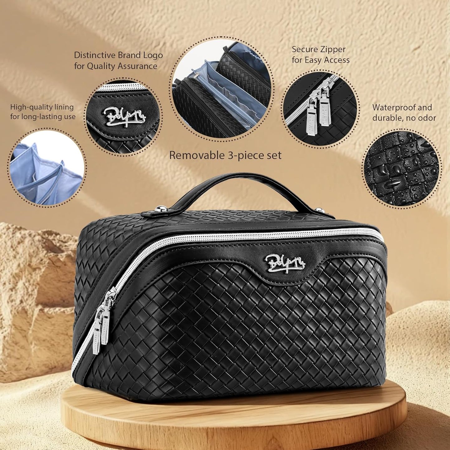 Travel Makeup Bags for Women - 3-Piece Vegan Leather Set | Waterproof Toiletry Organizer (L05 Black)