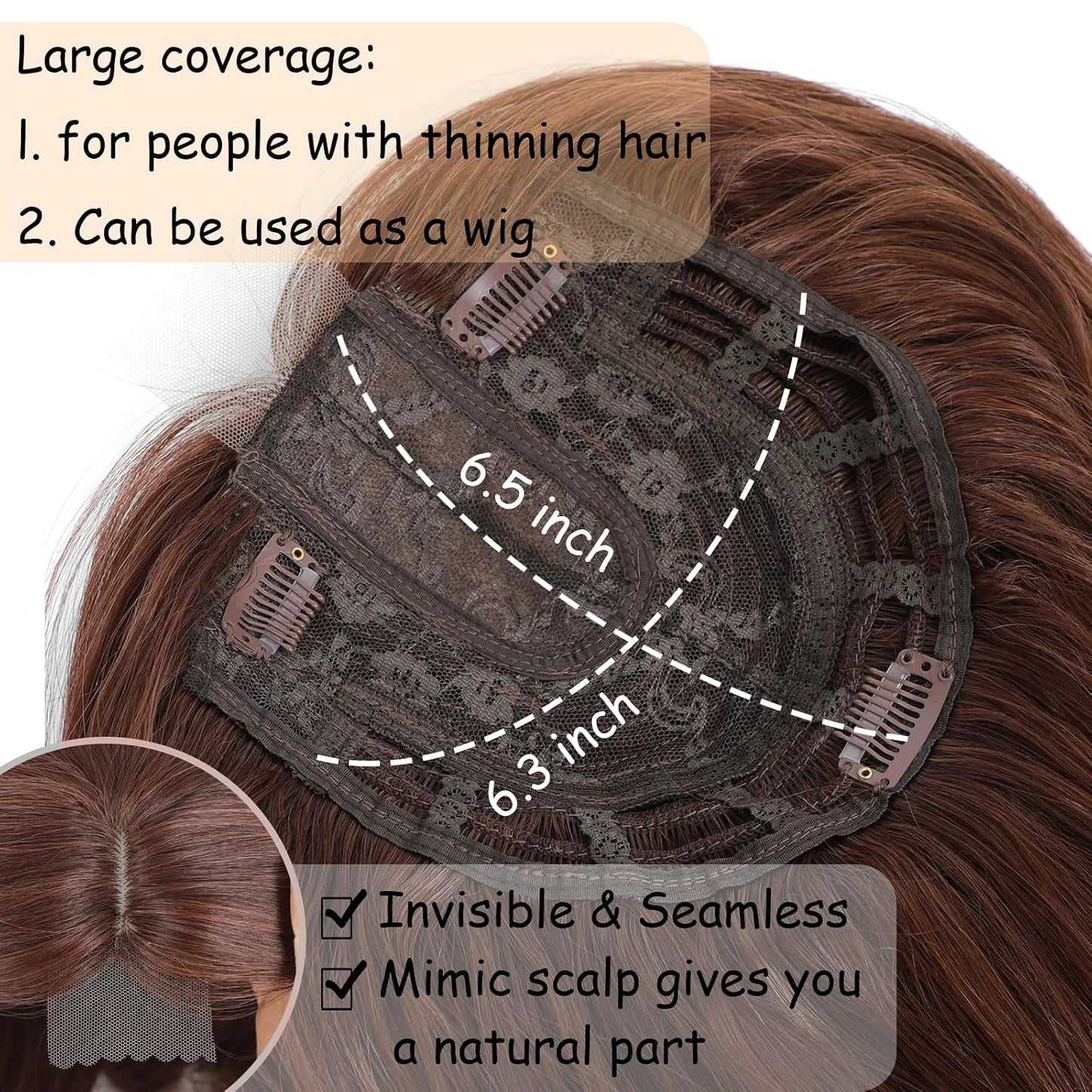 Hair Topper for Women - 16 Inch Synthetic Curly Clip-In with Curtain Bangs | Auburn Brown Lightweight Volume Piece