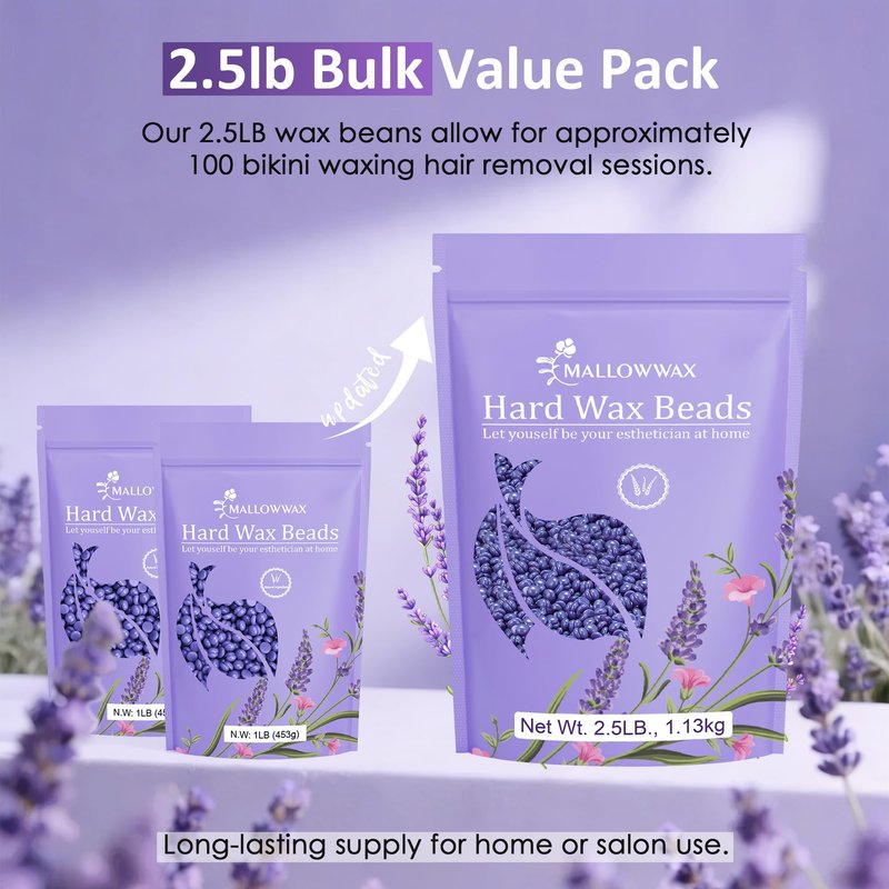 Mallowwax Hard Wax Beads 2.5lb for Hair Removal – Low-Temp Waxing Beads for Brazilian, Bikini, Face & Body – Full-Body Hard Wax for Coarse or Fine Hair, Gentle for Sensitive Skin, Home or Salon Use