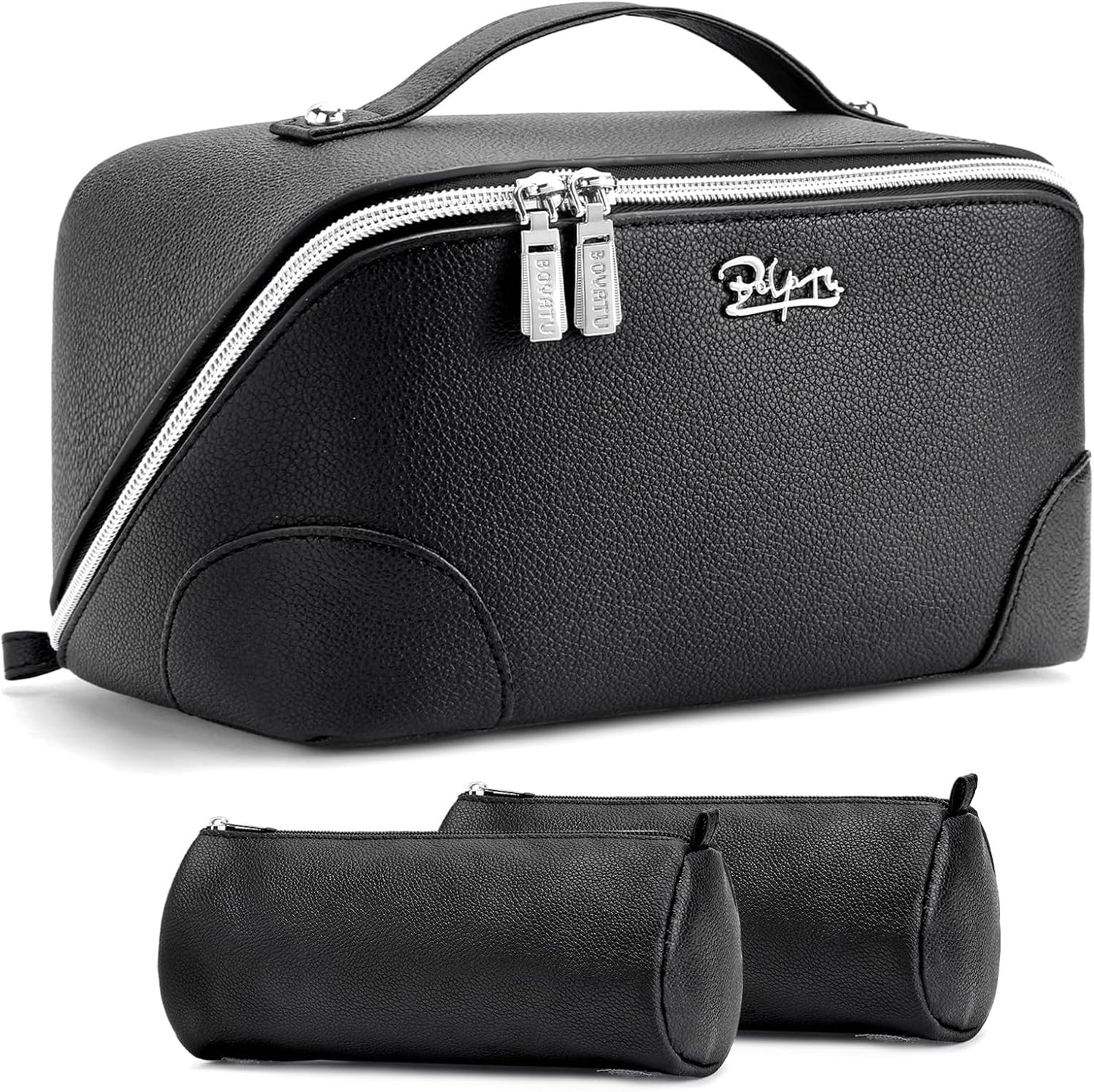 Travel Makeup Bag Set - Large Vegan Leather Cosmetic Organizer with Handle | 3 Pcs Portable Toiletry Bags in Coffee