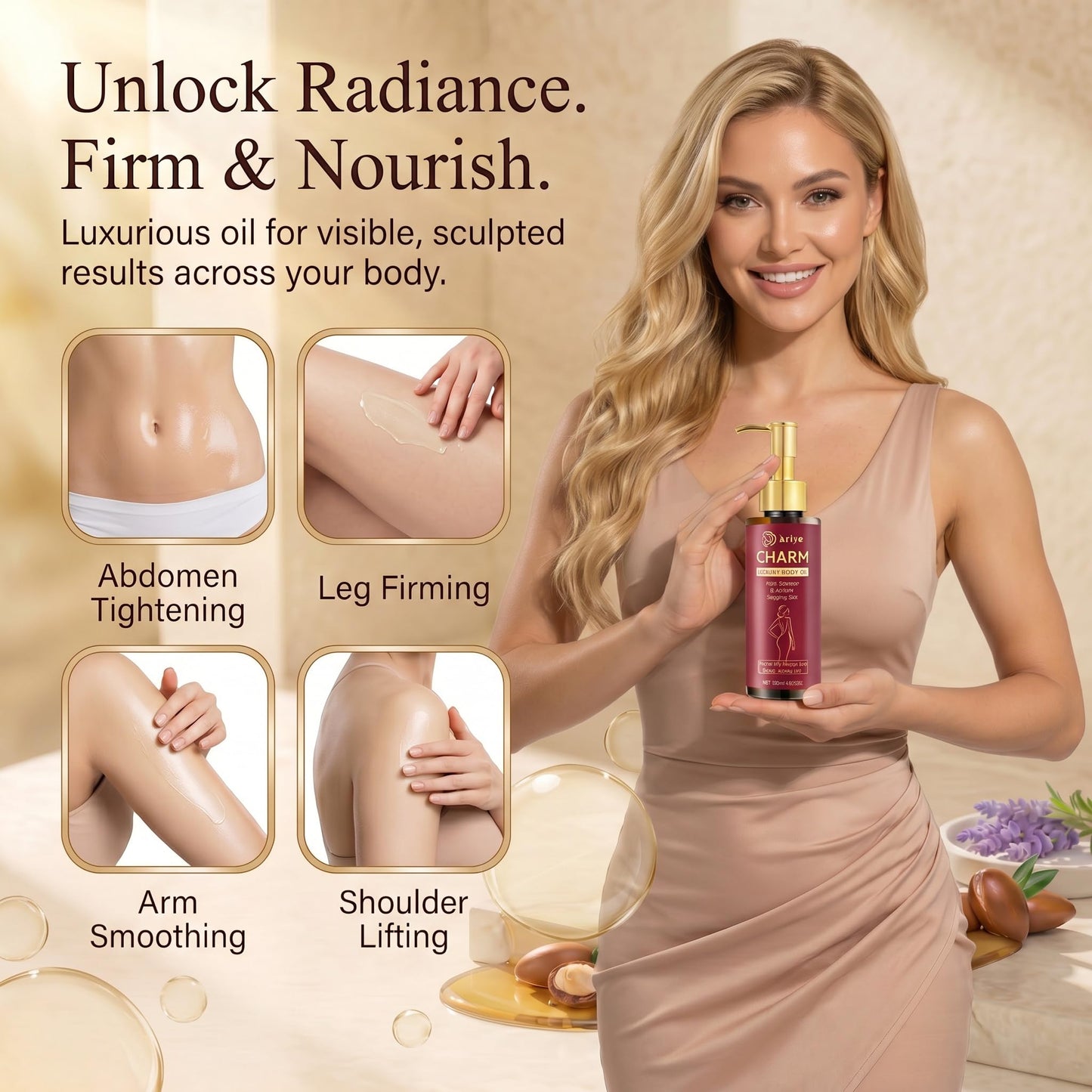 ARIYE Firming Body Oil for Crepe Skin, After Shower Glow Oil, Natural Moisturizer for Dry Skin, Tightens & Softens Crepe Skin & Wrinkles, Lightweight Non-Greasy for Arms Legs Stomach, 4.06 Fl Oz