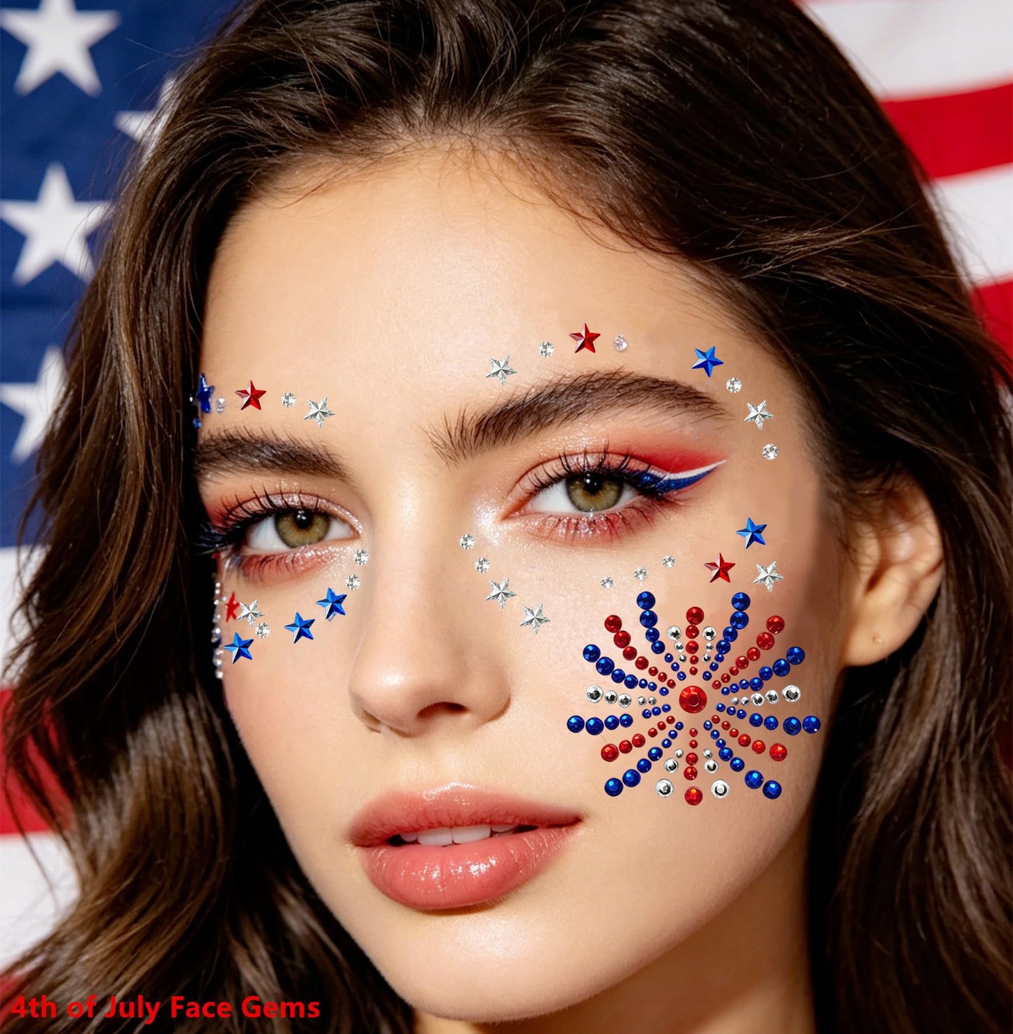 Go Ho 4th of July Star Face Hair Gems,Red White and Blue Patriotic Fireworks-Shaped Rhinestone Stickers,Self-Adhesive Glitter Crystal Gems,Festival Accessories for Women Kids on Independence Day