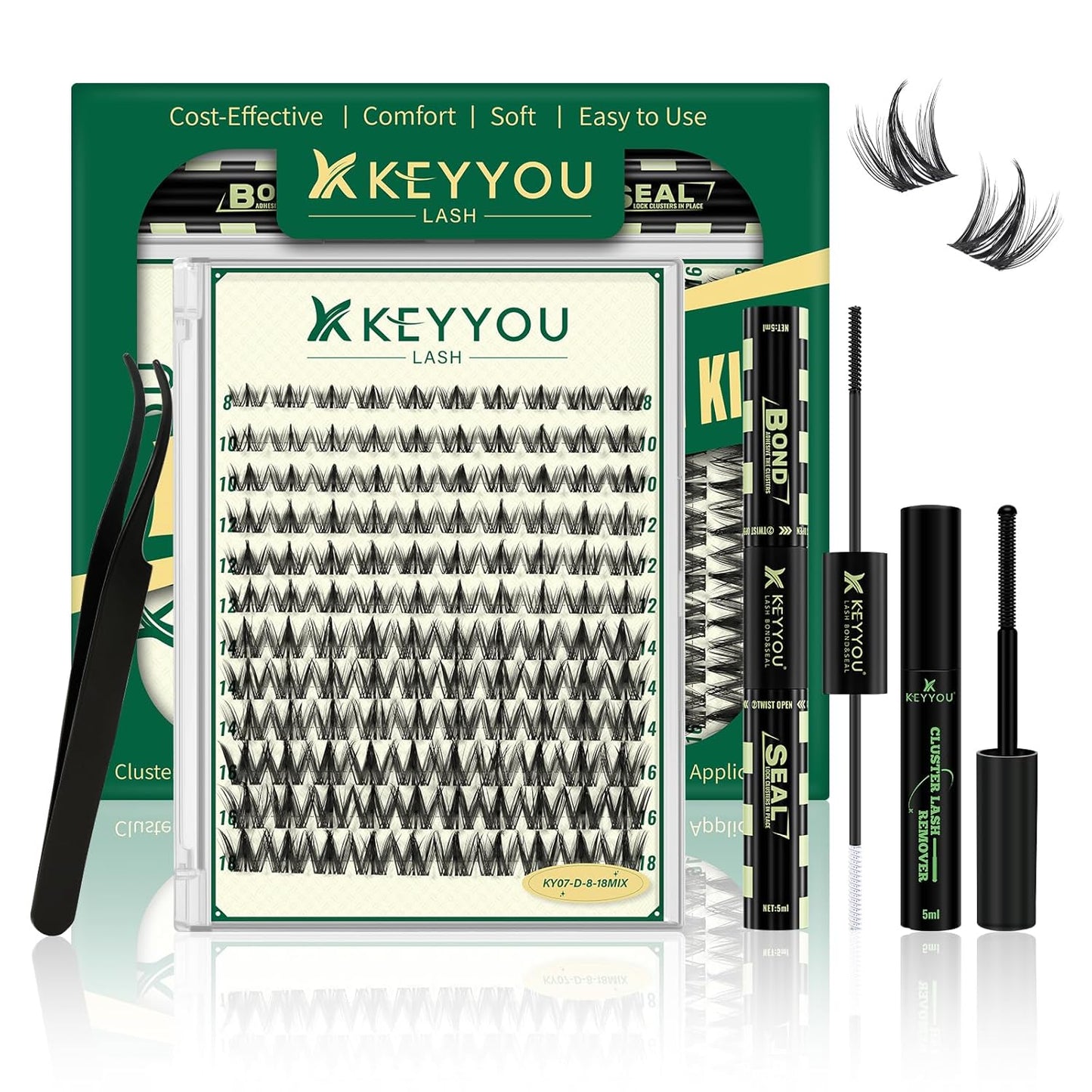 KEYYOU 3D Eyelash Clusters - 280pcs Wispy Volume Lashes | 80D D Curl, 9-18mm Mix