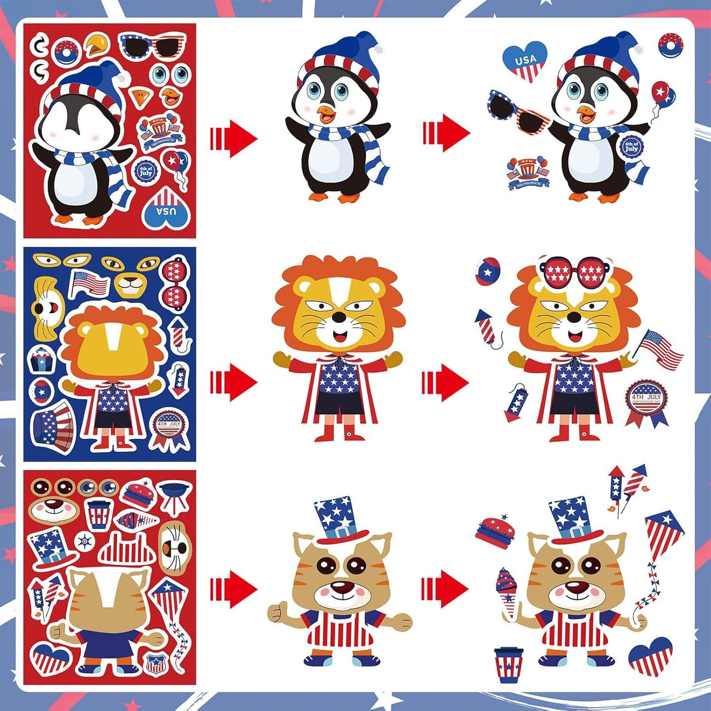 36 Pack 4th of July Crafts for Kids - DIY Patriotic Face Stickers & Party Decorations