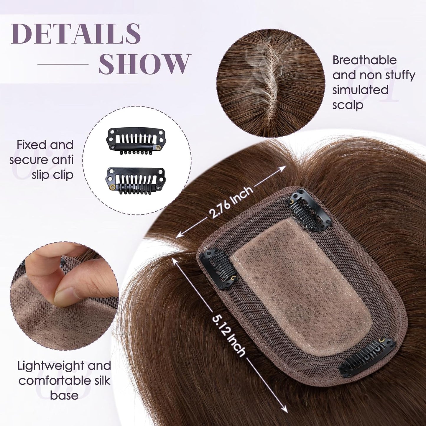 Hair Toppers for Women - Real Human Hair Clip-In 10 Inch Straight Hairpieces | Medium Brown Silk Base with Bangs
