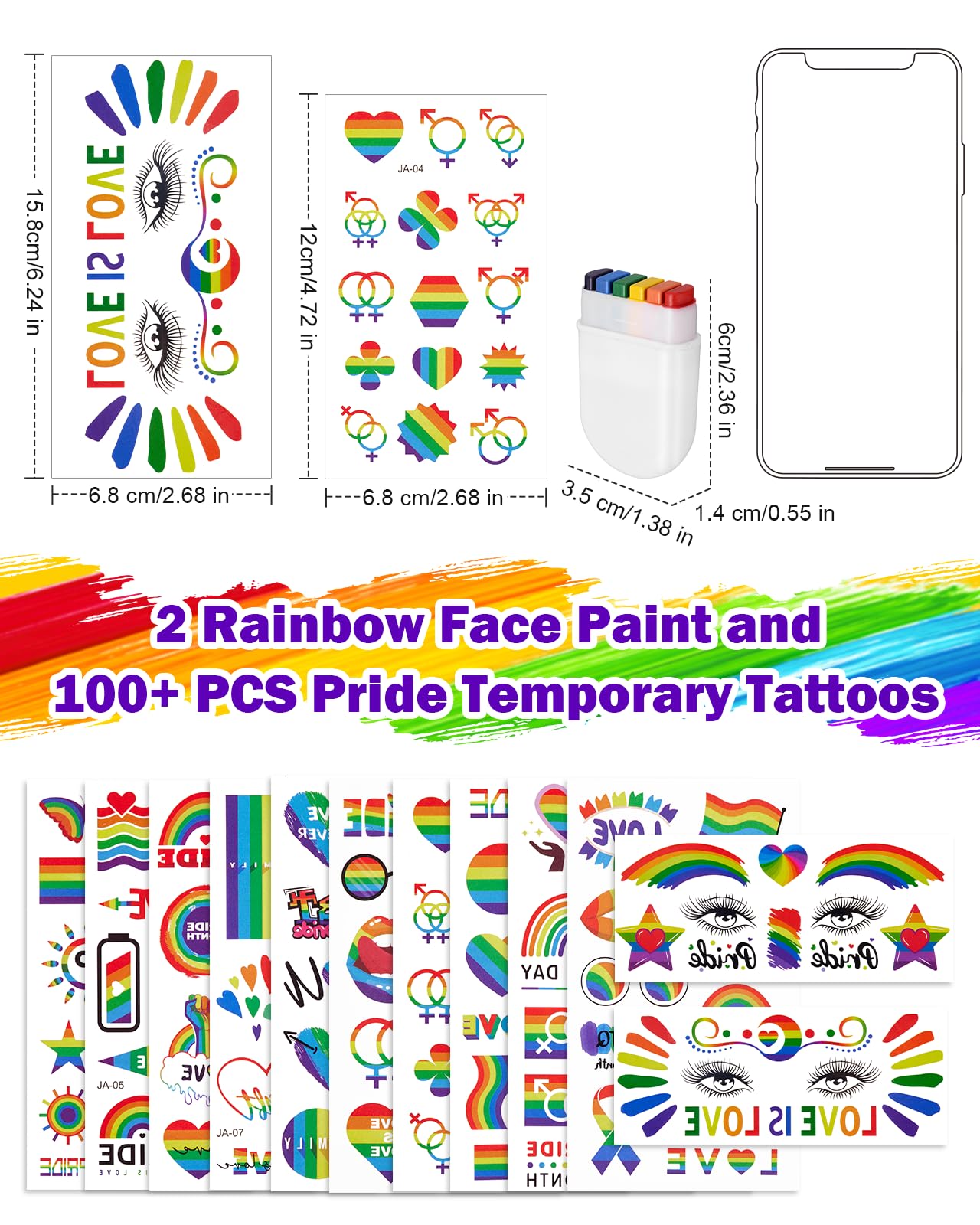 Pride Rainbow Face Paint Kit 2 Pack Pride Face Paint Sticks, 12 Pride Temporary Tattoos, 100+PCS Pride Stickers for Gay Pride Parade, Pride Day and Party Cosplay, LGBTQ Celebrations