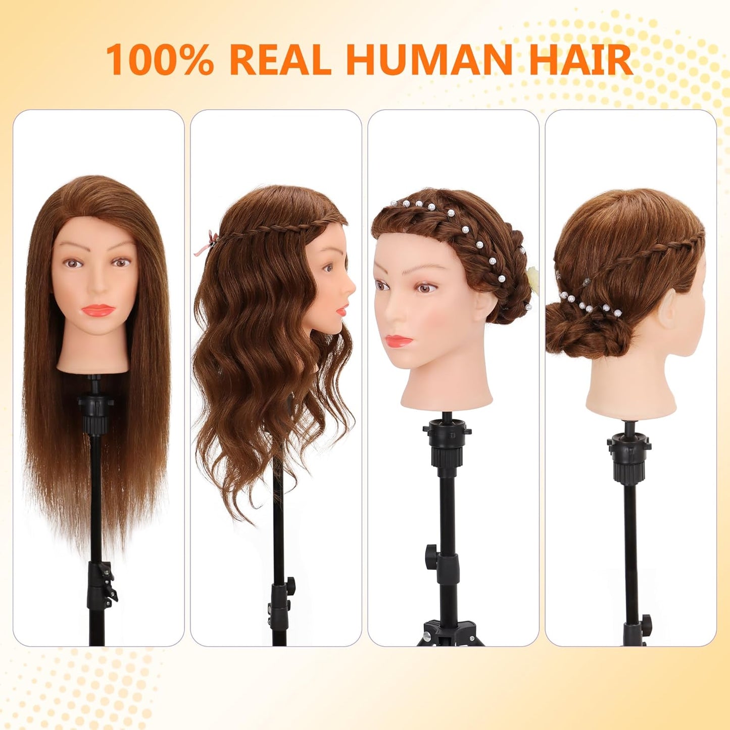 Real Human Hair Mannequin Head - Cosmetology Training Doll for Hair Styling, Cutting & Braiding | Dark Brown