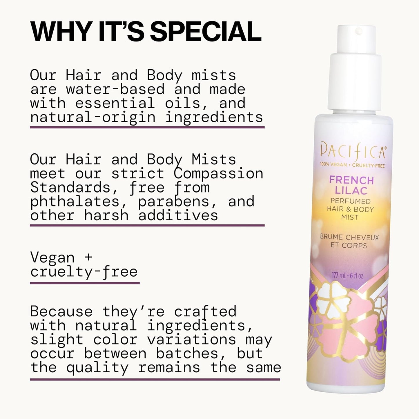 Pacifica French Lilac Hair & Body Mist - Vegan Floral Perfume Spray for Women | Alcohol-Free, 6 Fl Oz