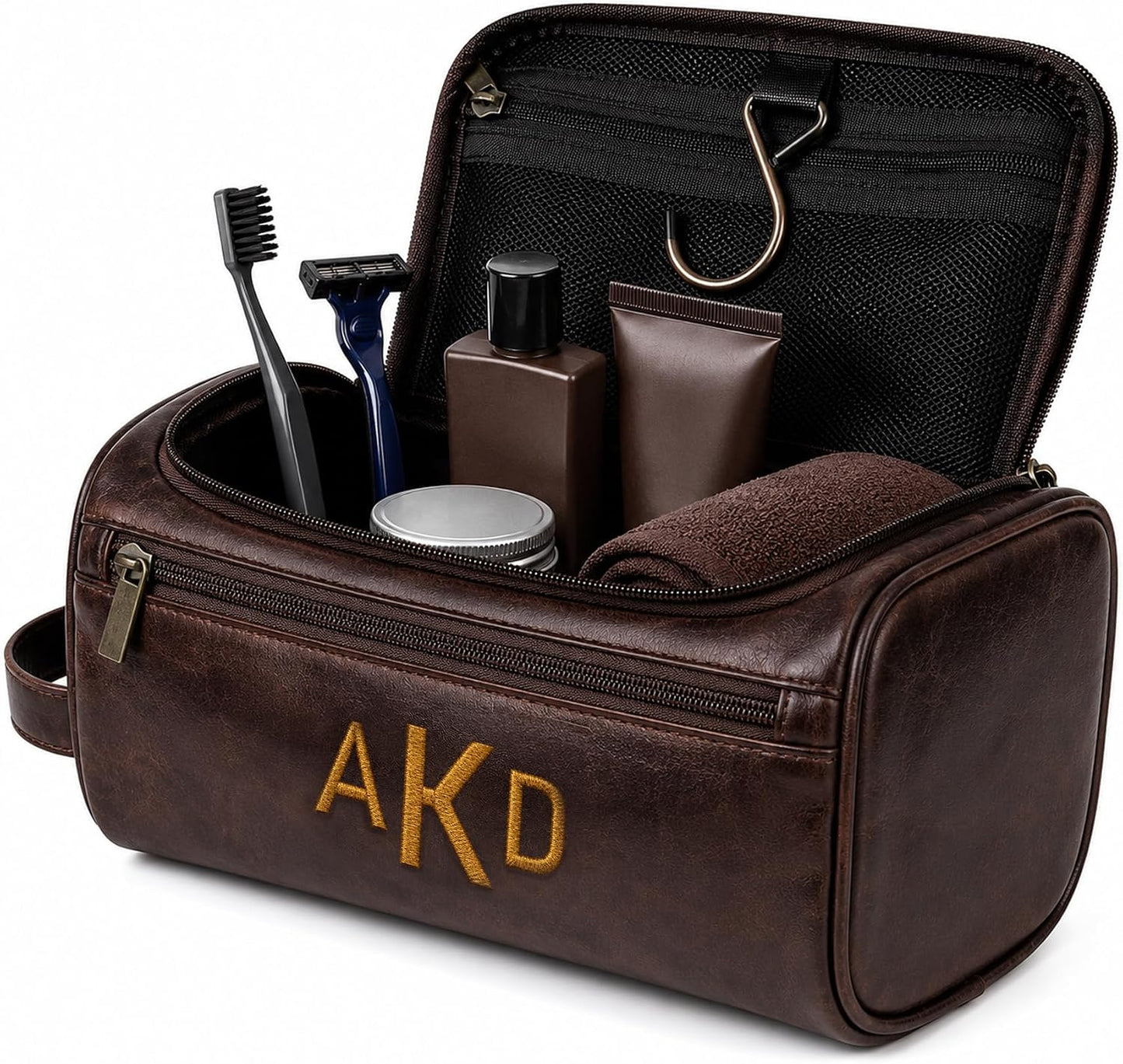 Personalized Toiletry Bag for Dad - Custom Embroidered PU Leather Dopp Kit | Waterproof Travel Organizer (Coffee)