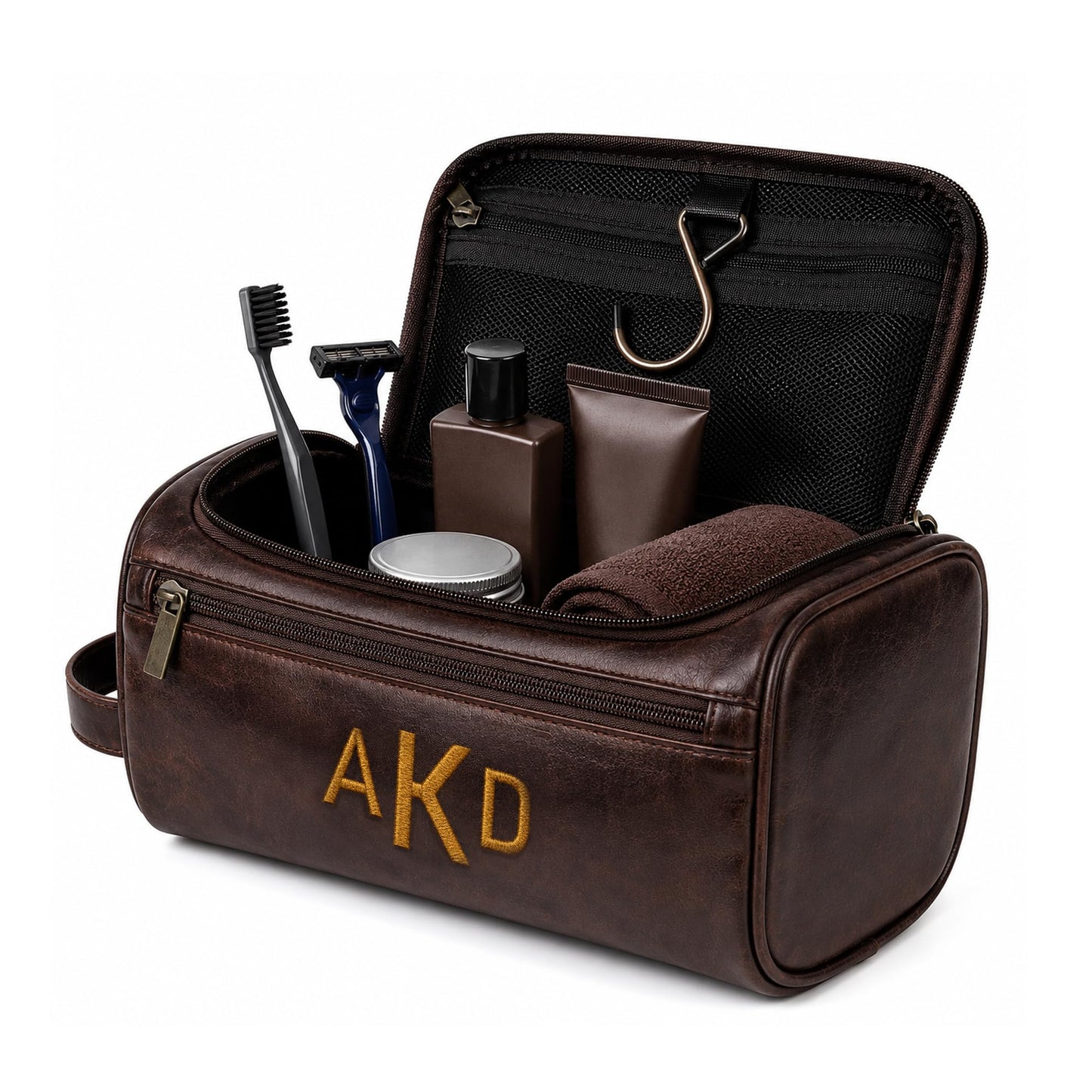 Personalized Toiletry Bag for Dad, Custom Embroidery with Name Letter PU Leather Waterproof Toiletry Organizer Dopp Kit Travel Essential for Men Husband Groomsmen Father's Day Anniversary (Coffee)