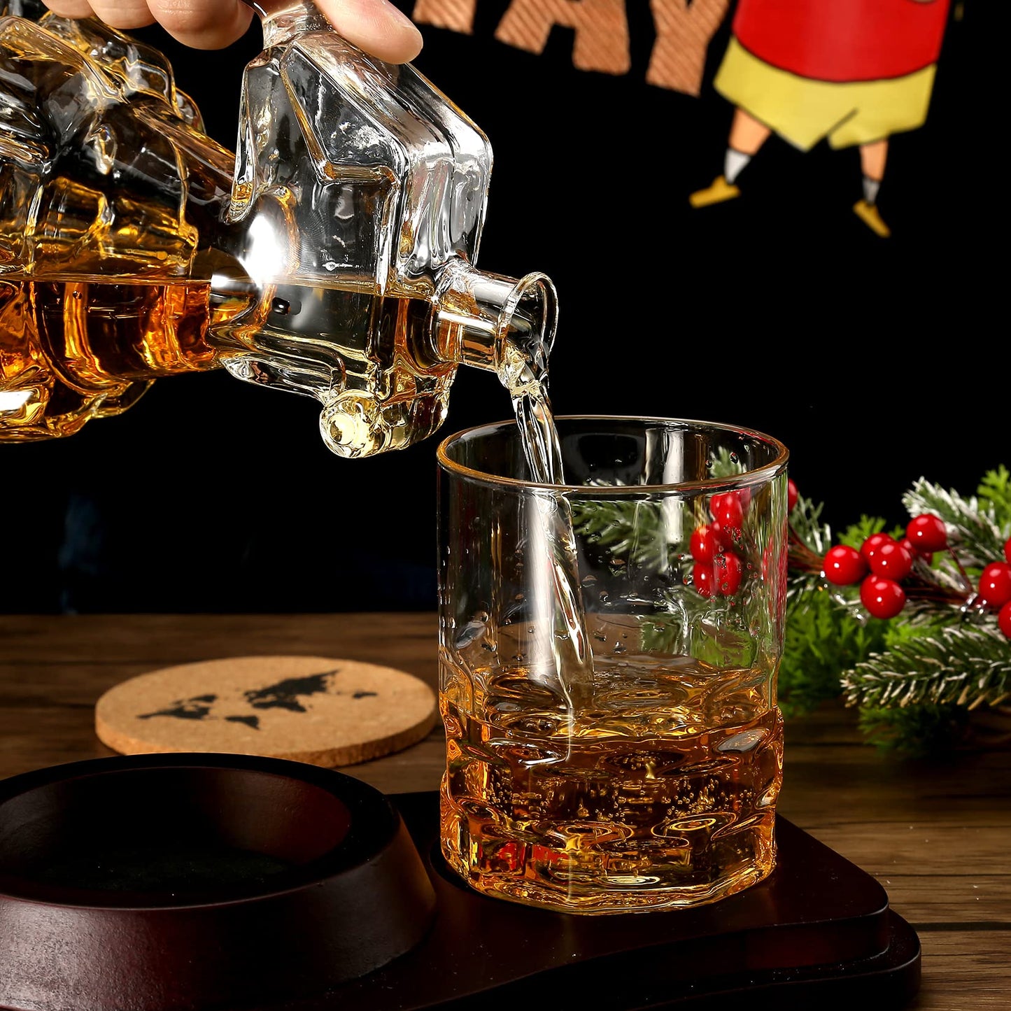 Whiskey Decanter Set Grenade Shaped Liquor Decanter Set with 2 Glasses - Scotch Bourbon Drinking Gift for Men&Women Dad Husband Boyfriend Brother Anniversary Birthday Christmas House Warming Present