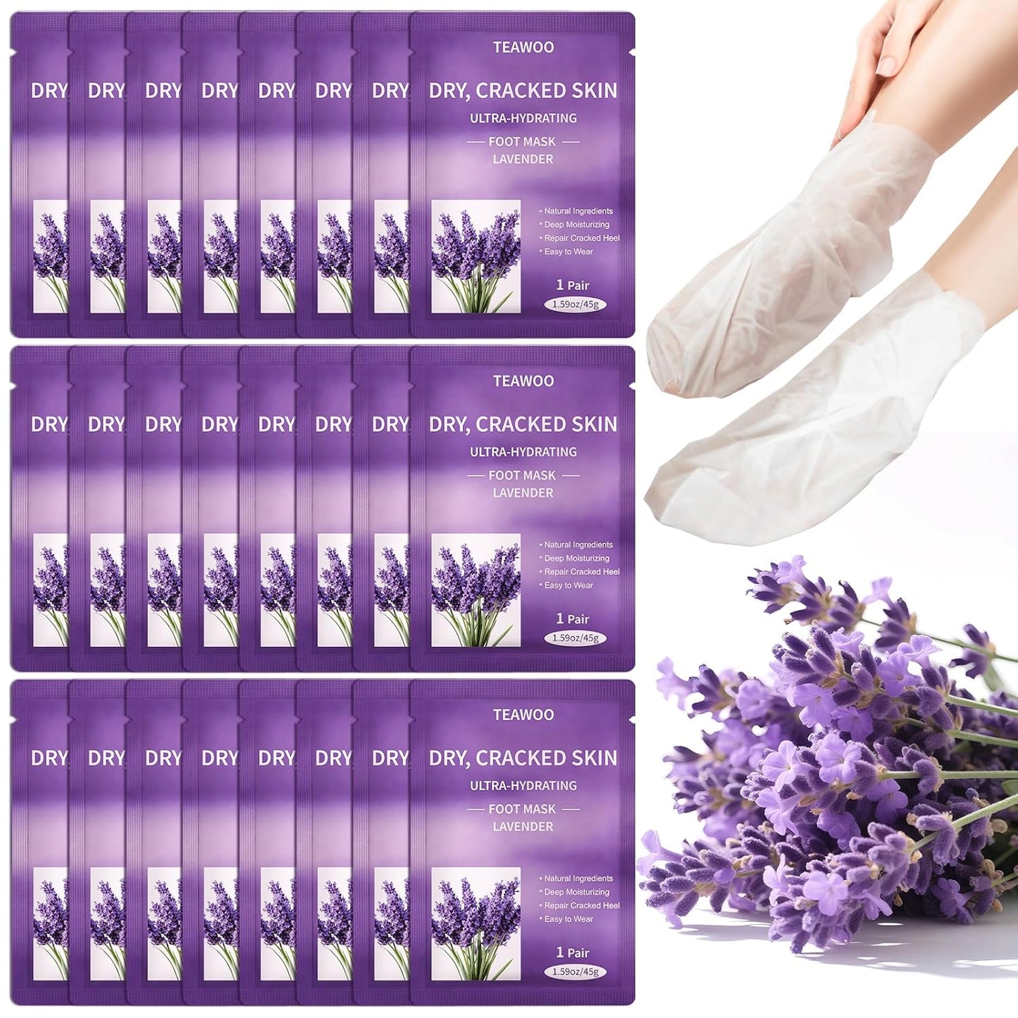 Moisturizing Foot Masks - 24 Pairs Lavender & Jojoba Oil | Hydrating Treatment for Dry Cracked Feet