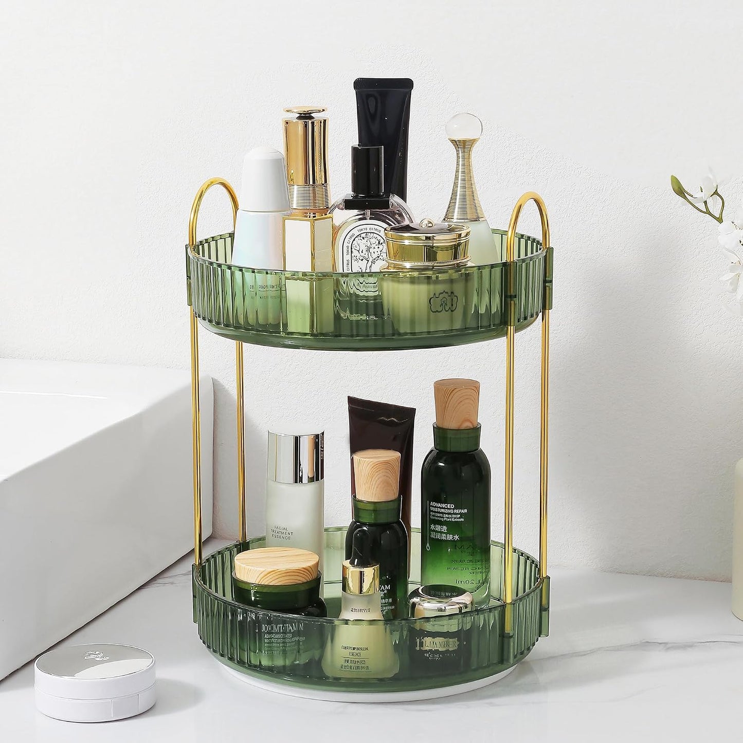 Rotating Makeup Organizer - 3 Tier Clear Cosmetic Holder for Vanity | Grey Perfume & Skincare Storage
