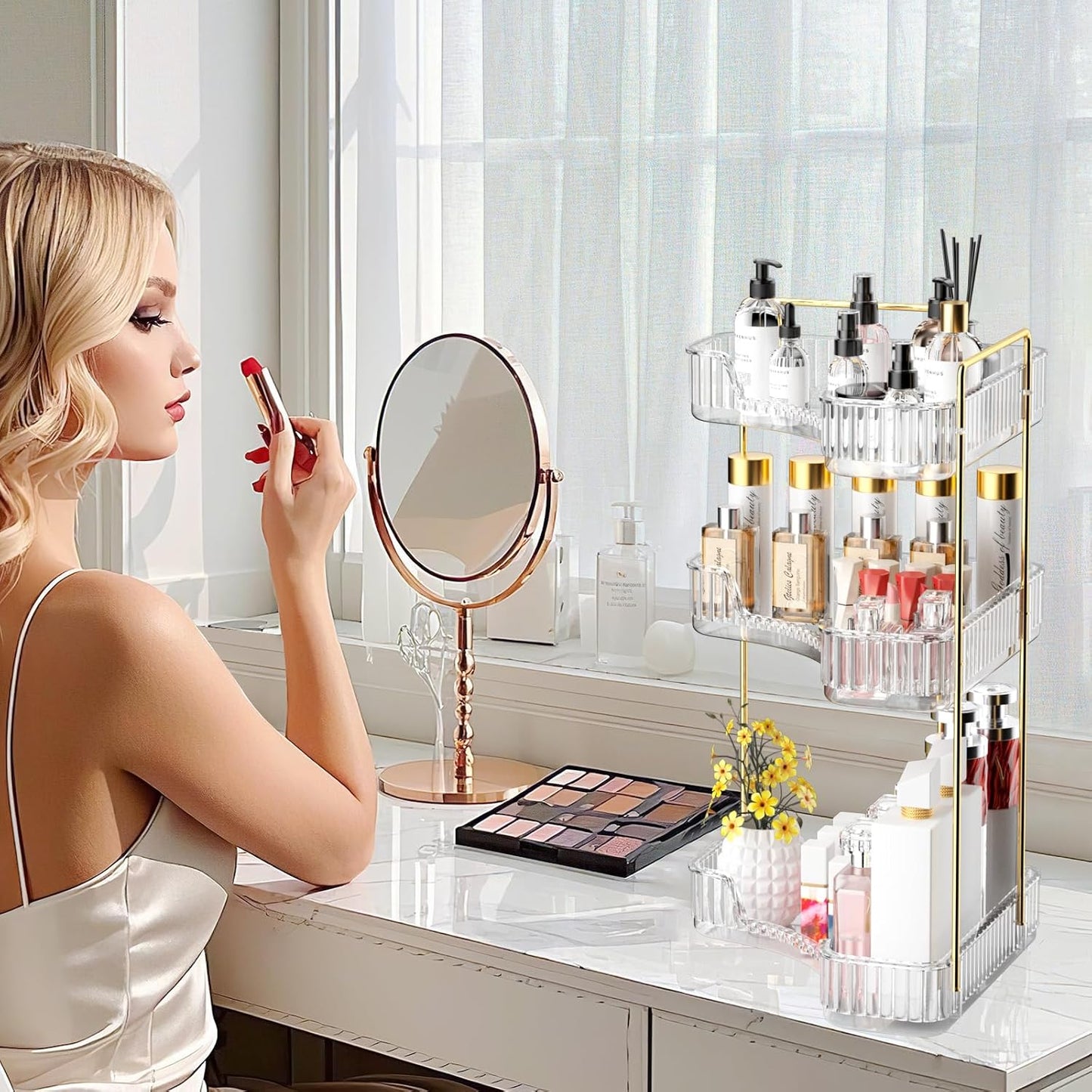 3-Tier Corner Bathroom Organizer - Large Capacity Makeup & Skincare Storage | Clear Vanity Organizer for Women