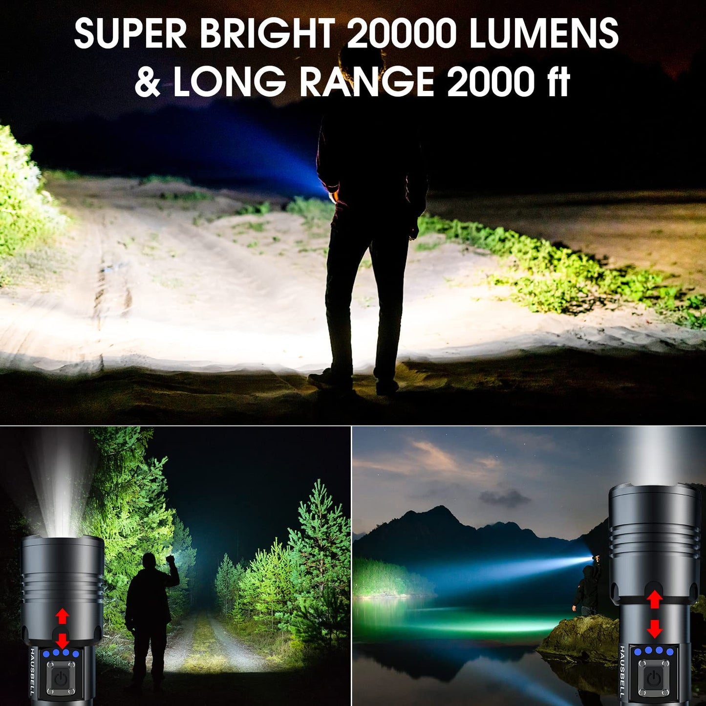 HAUSBELL A100 Rechargeable Flashlight, 2000FT Ultra-Bright Beam, 5 Modes Zoomable for Camping & Emergency, USB-C Fast Charging, Lightweight 7.8oz, Battery Display – Keep in Car, Home, or Gift for Men