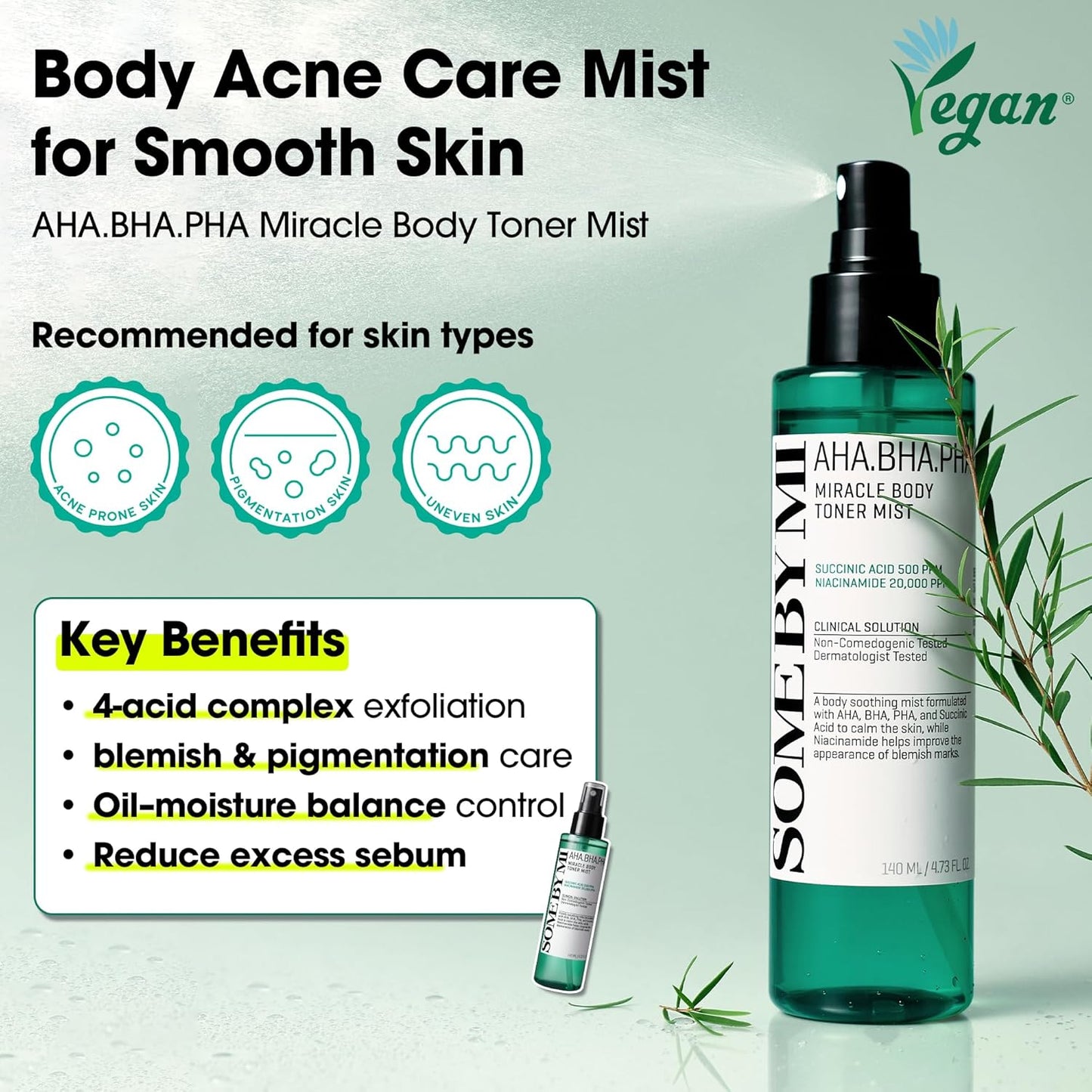 AHA BHA PHA 30 Days Miracle Body Toner Mist - Exfoliating Acne Spray with Salicylic Acid & Tea Tree | 4.73oz, 140ml