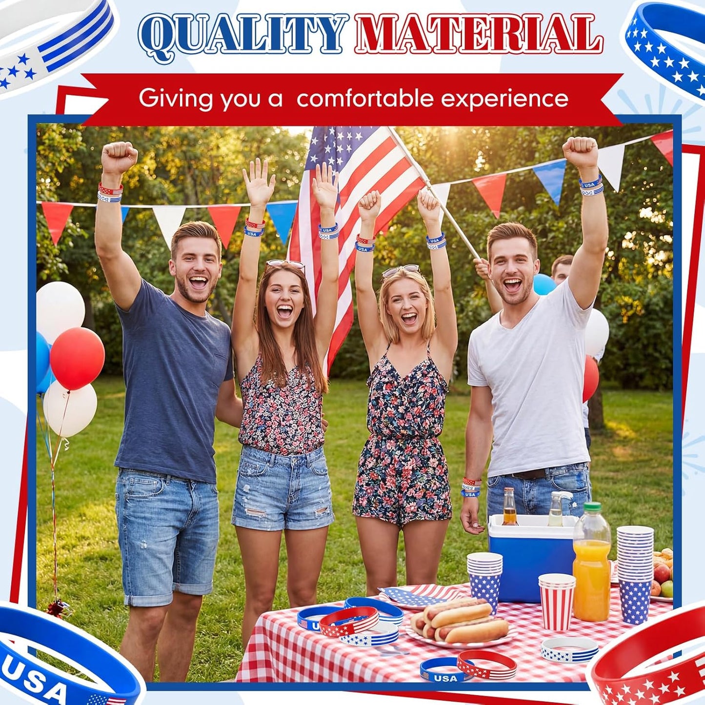 48 Pcs 4th of July Party Favors - Patriotic USA Flag Silicone Bracelets | Red, White & Blue Wristbands for Independence Day