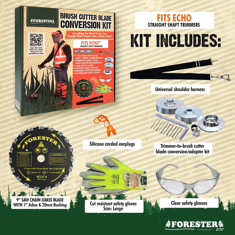 FORESTER Brush Cutter Trimmer Conversion Kit with Cut-9, Includes Safety Glasses, Earplugs, Gloves, Harness, Compatible with Echo Models SRM-225, SRM-225i, SRM-266, SRM-280, SRM-280S, and SRM-280T