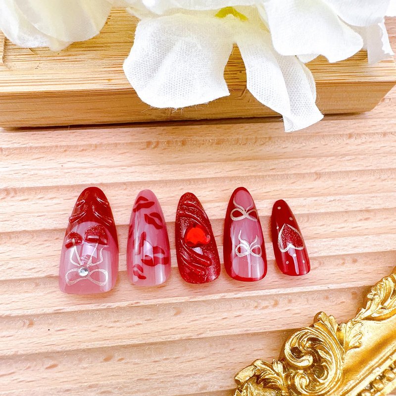 Valentine's Press-On Nails - 30pcs Medium Almond with 3D Red Heart & Glitter Designs | Full Cover Red French Tips