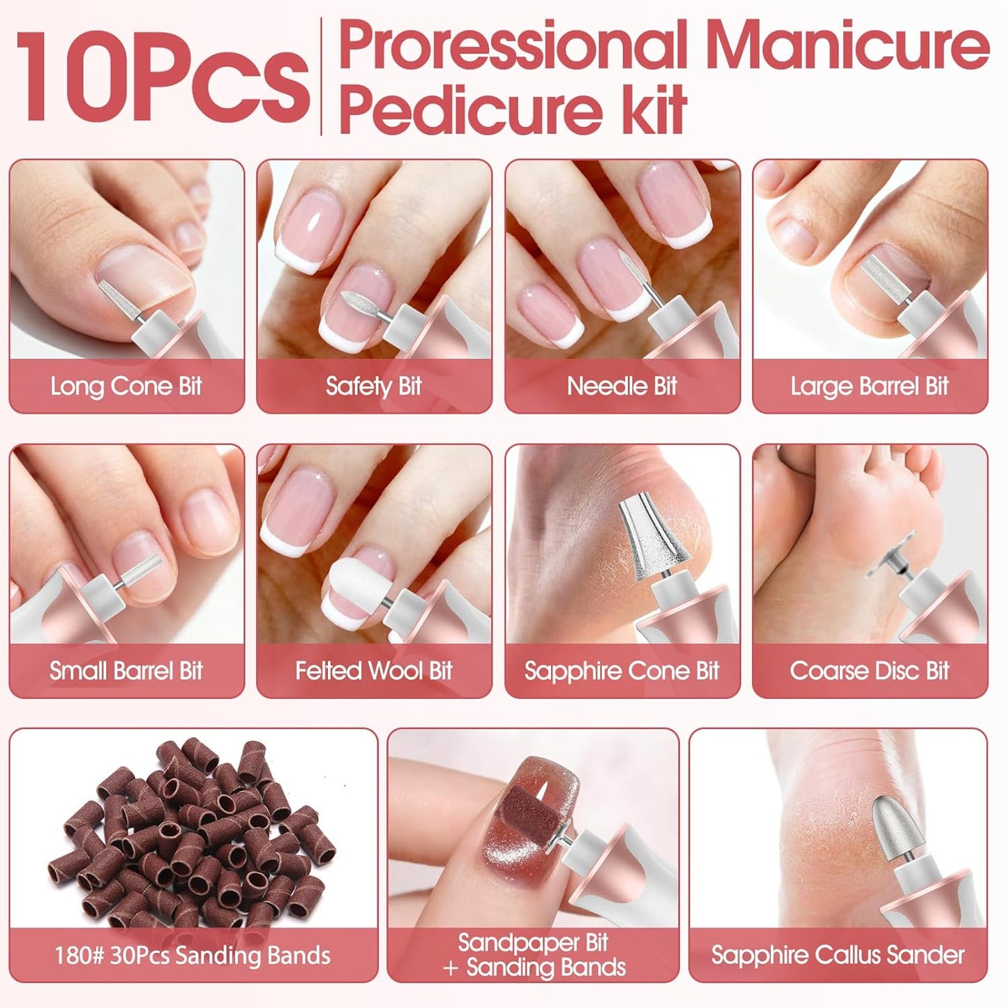 Electric Nail Drill File - Cordless Manicure & Pedicure Set with Drill Bits & Sanding Bands | Professional Nail Care for Men & Women