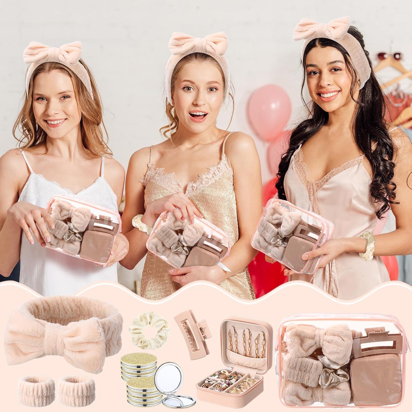 Suncalla 48 Pcs Spa Party Favors | Bridesmaid Proposal Gifts & Sleepover Supplies - Bow Headbands, Scrunchies, Jewelry Case, Makeup Bag, Mirror - Beige