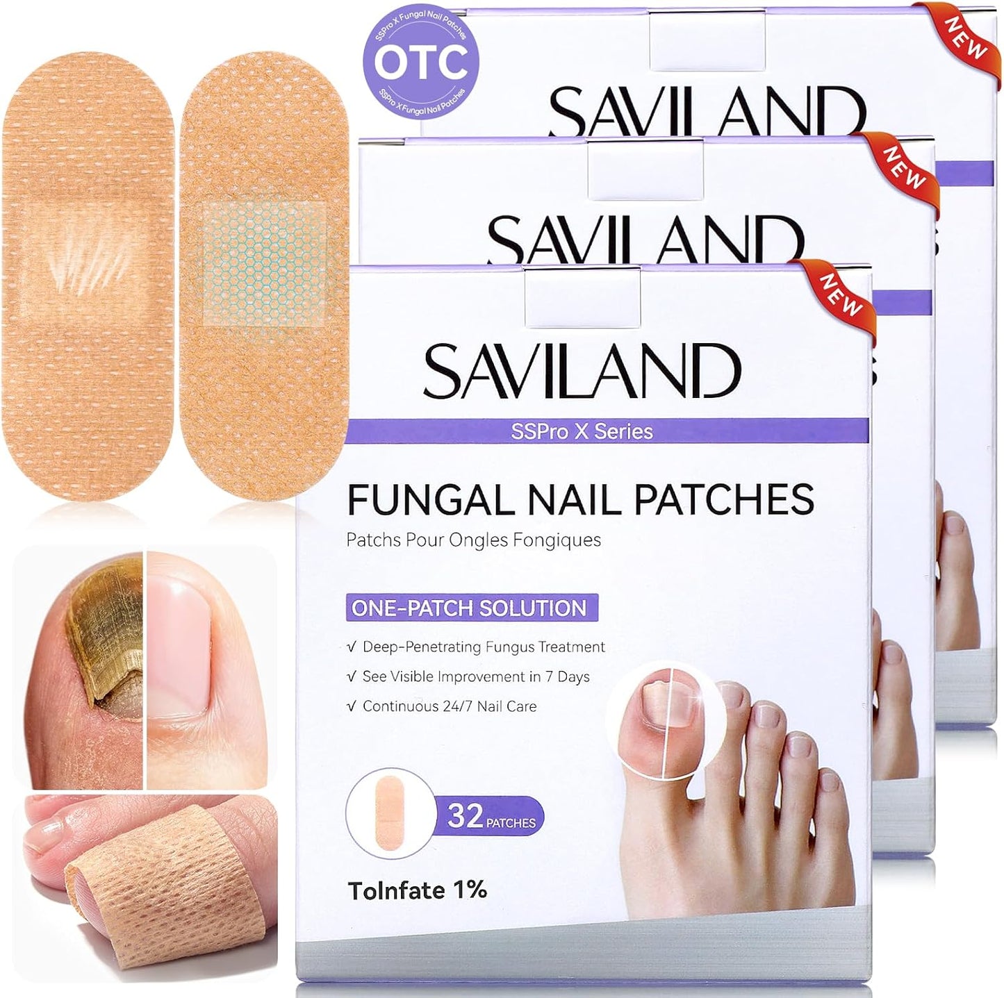 SAVILAND Fungal Nail Patches - 32 PCS Extra Strength Toenail Treatment | 8H Overnight Repair for Damaged Nails