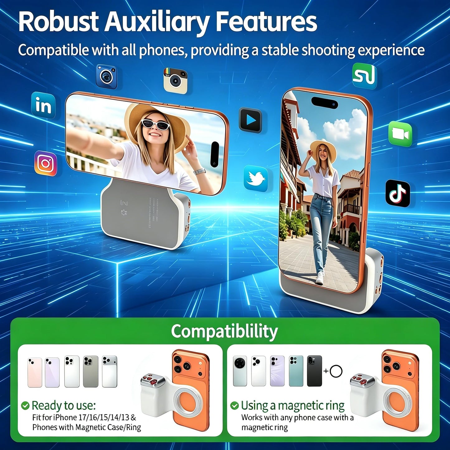Fun Shot Magnetic Phone Camera Grip + Magnetic Selfie Light (Silver) Bundle Kit Compatible with iPhone Magsafe & Android, Creator Kit for Selfies/Photography/TikTok/Zoom Calls/Video