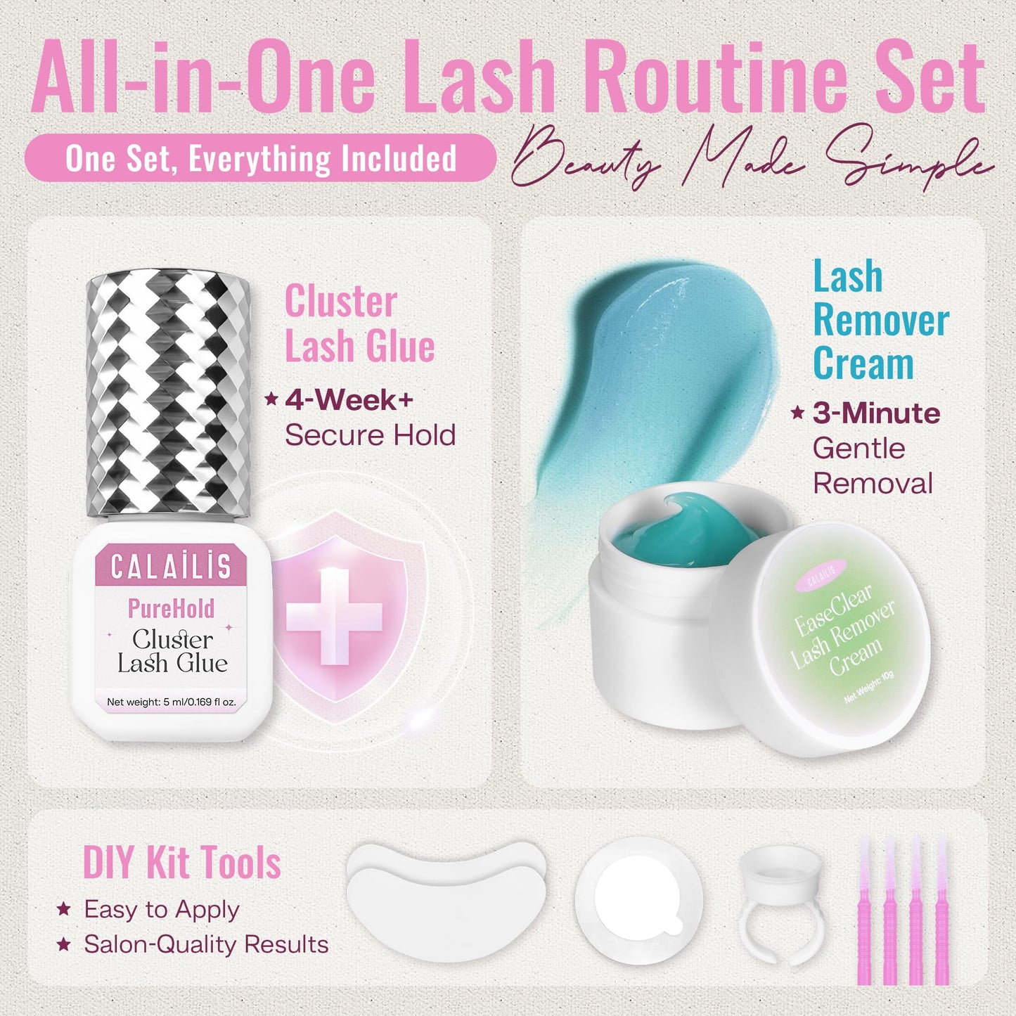 CALAILIS Lash Cluster Glue & Lash Remover Kit, Extra Strong Hold Long Lasting 4+ Weeks Cluster Eyelash Glue, Low Irritation Gentle Aloe Eyelash Remover Cream for Professional Use