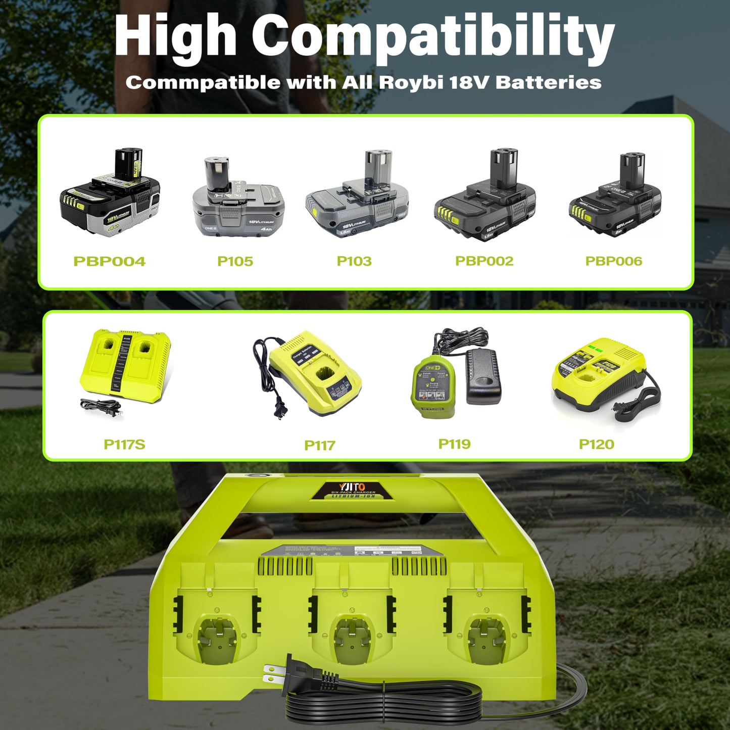 YJITO Upgraded 6-Port Fast Charger for Ryobi 18V Lithium-Ion Batteries, Compatible with Ryobi 18V ONE+ Battery Systems, Replacement for P135 Charger (6-Pack Charging Station)