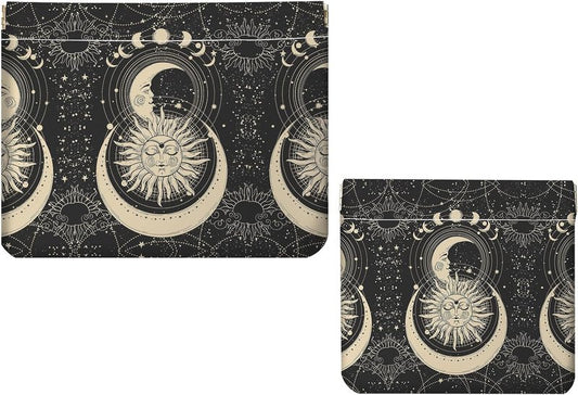 Makeup Bag Set - 2 PCS PU Leather Cosmetic Organizer | Portable Self-Closing Pouch for Women - Sun-Moon Face Design