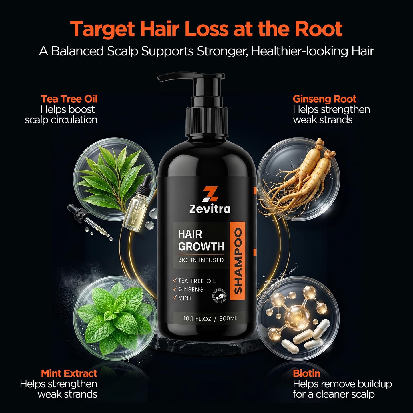 Zevitra Hair Growth Shampoo 10.1 FL.OZ / 300ML Biotin Hair Shampoo with Tea Tree Oil, Ginseng & Mint To Cleanse The Scalp – Strengthen Roots and Reduce Breakage – Sulfate & Paraben Free Formula