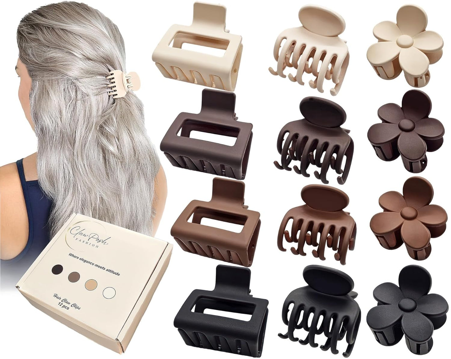 Small Hair Clips for Women - 12 Pack Mini Claw Clips for Thin & Short Hair | Neutral Matte Rectangle & Flower Designs (1.5–2 Inch)