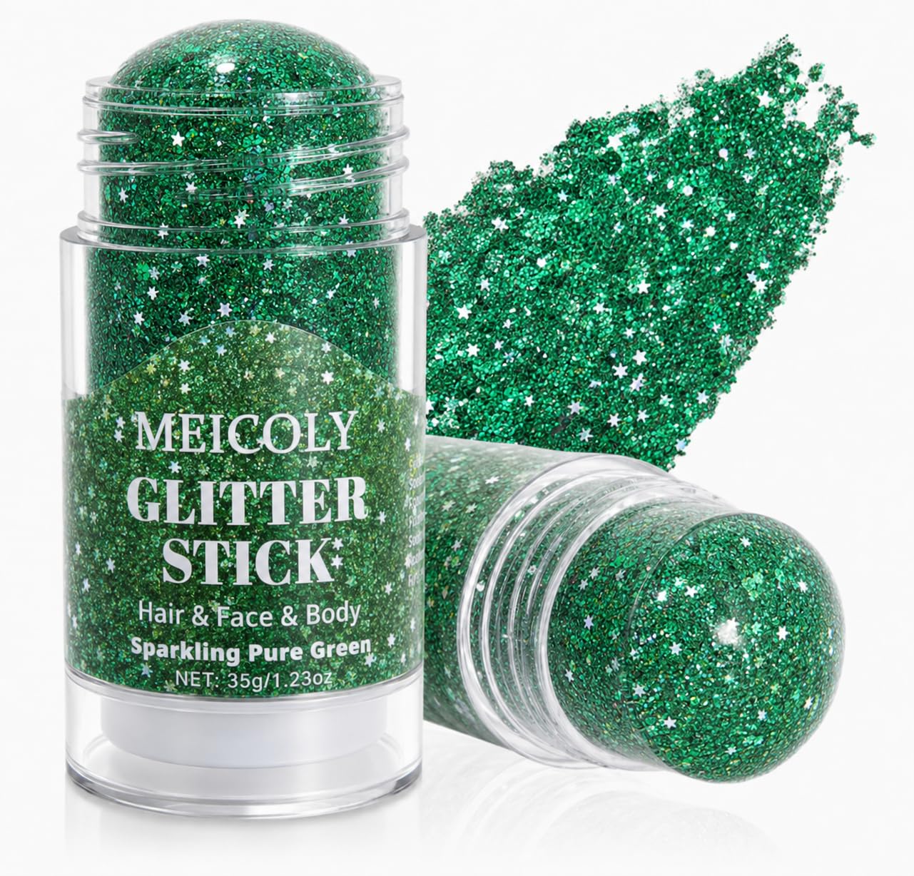 MEICOLY Jumbo 1.23 OZ Forest Green Hair Glitter Stick for Women Rave Outfit,Sparkling Face Glitter Stick for Christmas,St Patricks Day Accessories Body Glitter & Alien Fairy Costume
