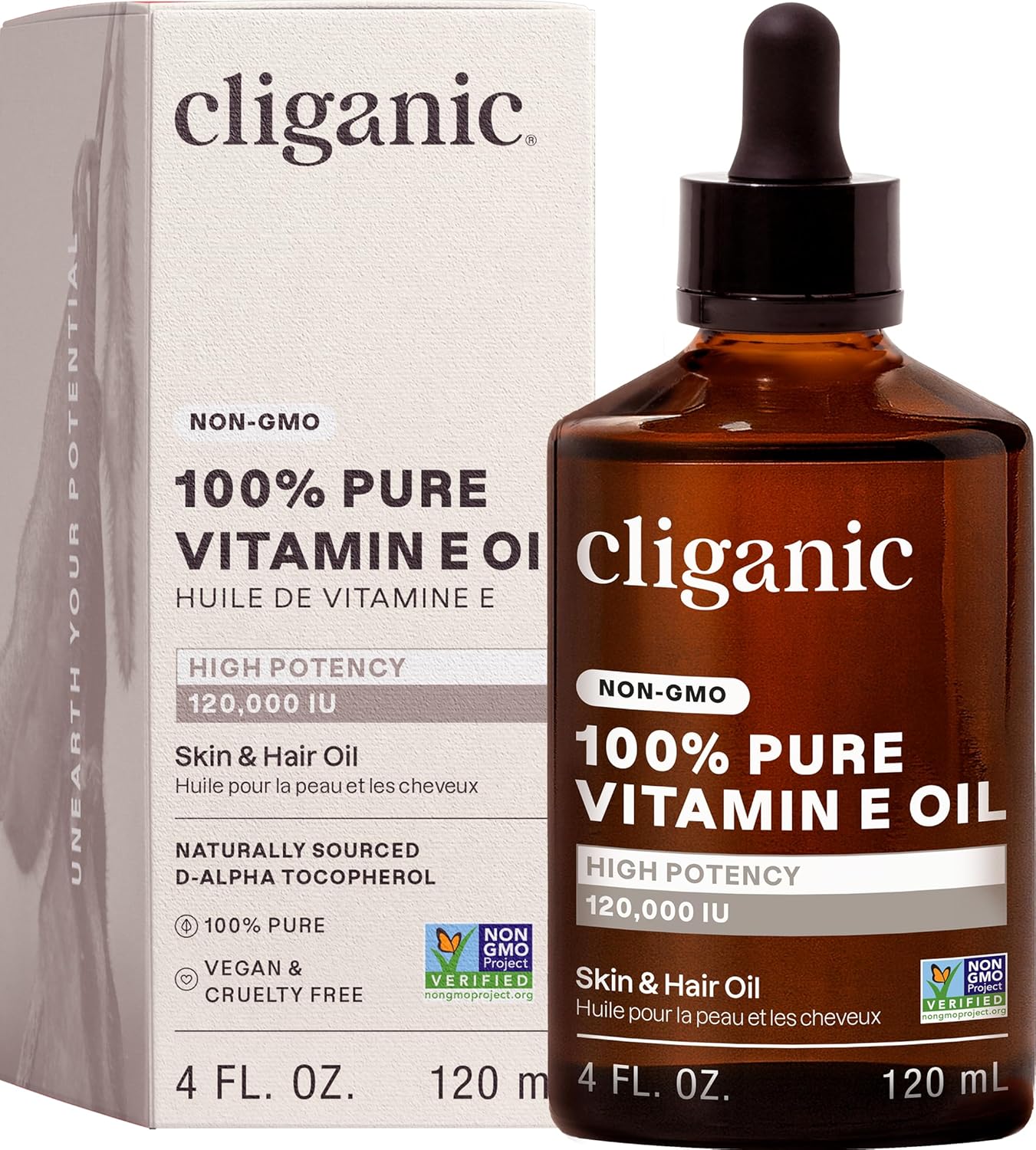 Cliganic Pure Vitamin E Oil - Natural D-Alpha Tocopherol for Skin, Scars & Hair | 120,000 IU, Non-GMO
