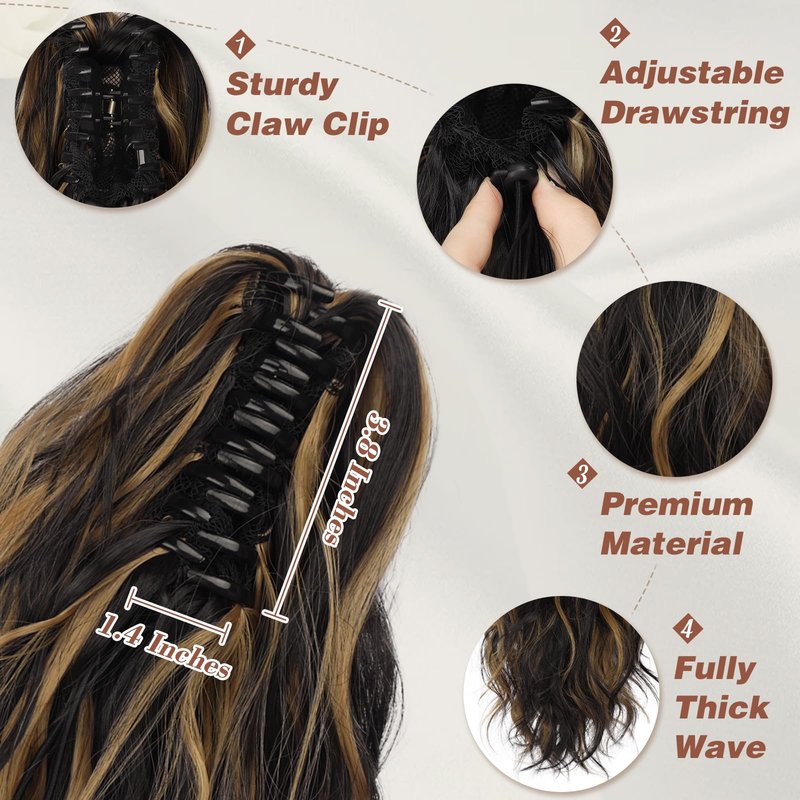 BARSDAR Claw Clip in Ponytail Extensions - 14 Inch Short Wavy Highlight Ponytail Hair Extensions for Women - Synthetic Claw Clip in Pony Tails Hairpieces - Black with Highlights