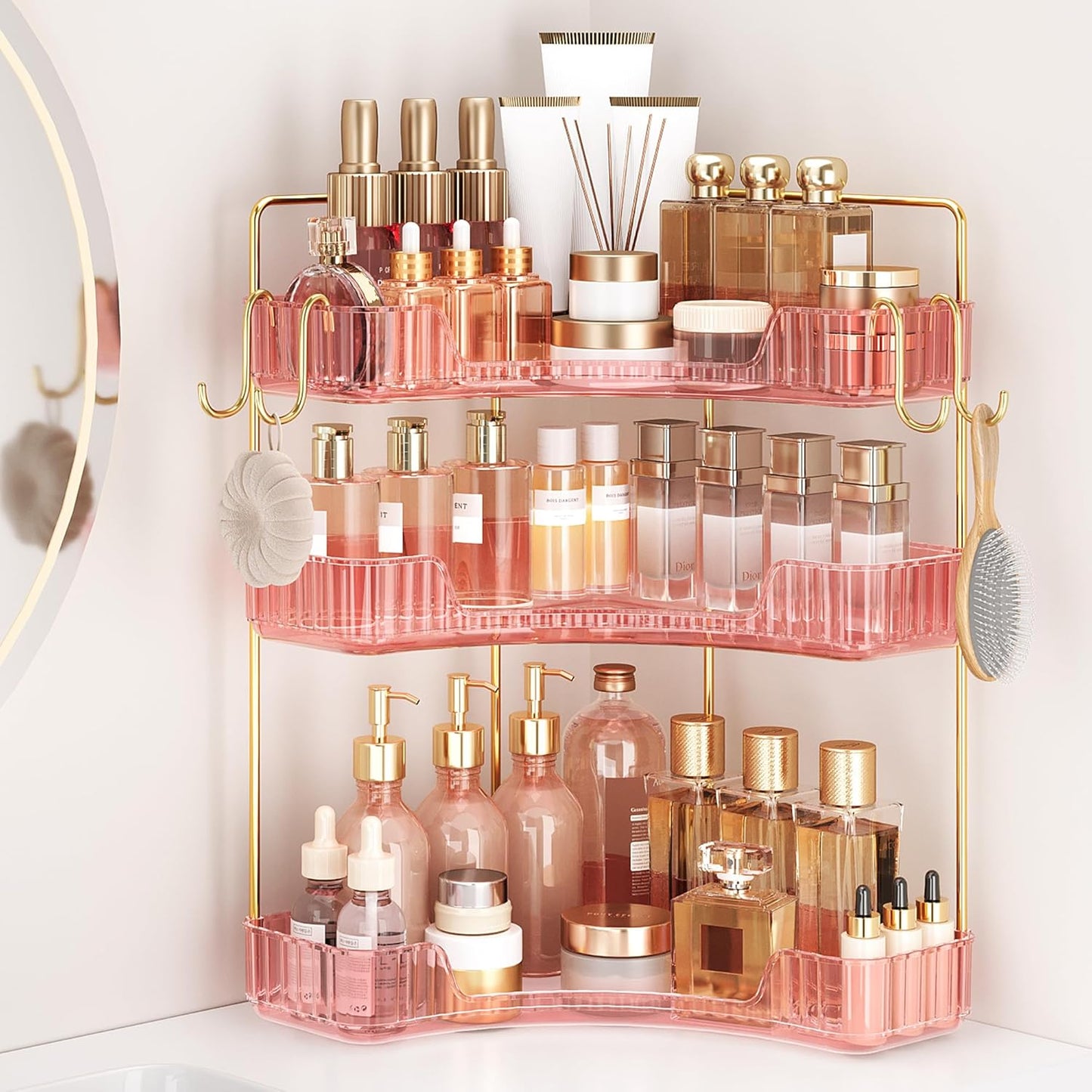 Corner Bathroom Counter Organizer - 3-Tier Storage Shelf with Hooks for Makeup & Skincare | Clear