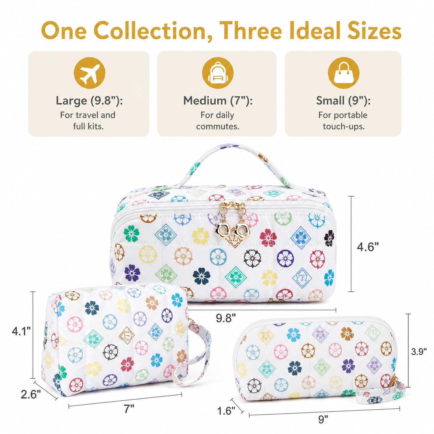 YTL Travel Makeup Bag, Puffer Cosmetic Bag for Women, Waterproof Puffy Padded Make Up Bags, Flat Open Portable Organizer Case Toiletry Bag Pouch Purse for Skincare, Brushes & Travel Essentials