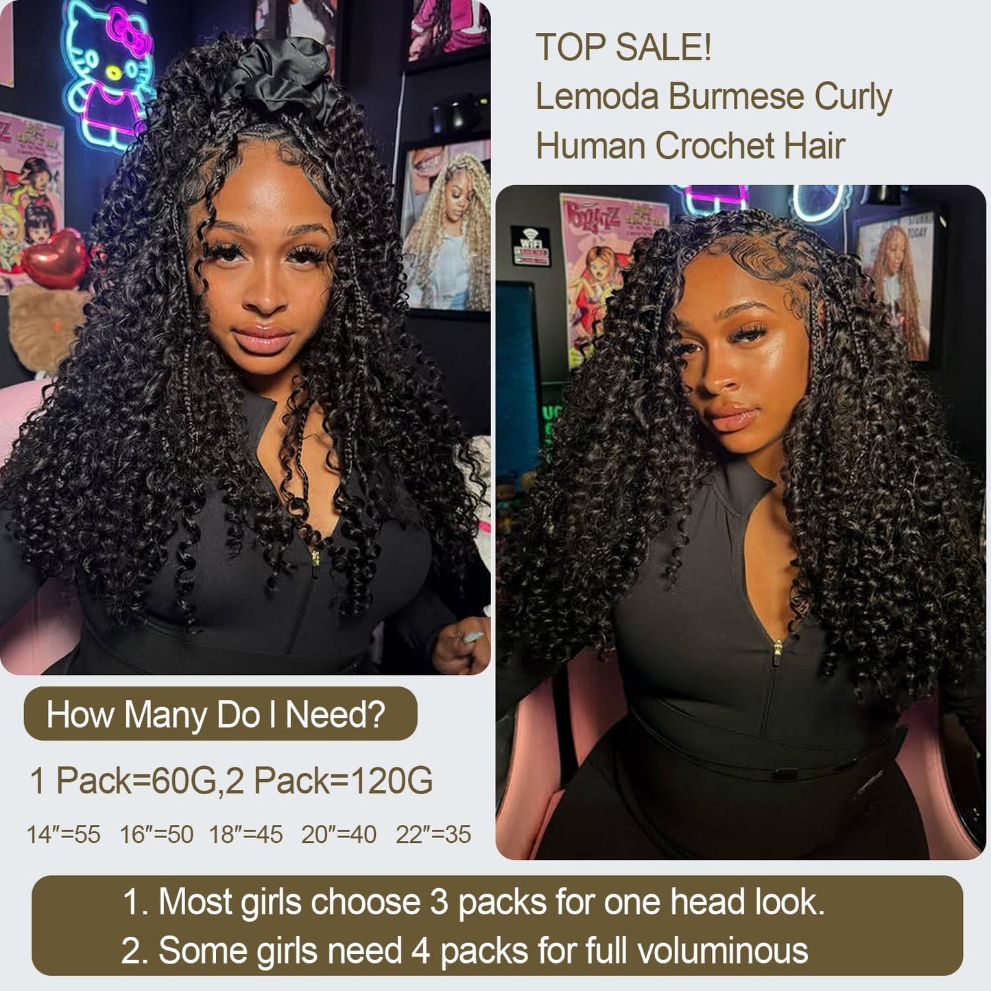 Lemoda Burmese Curly Crochet Hair Extensions - 18 Inch, 120g, Lightweight & Reusable for Black Women | Natural Color