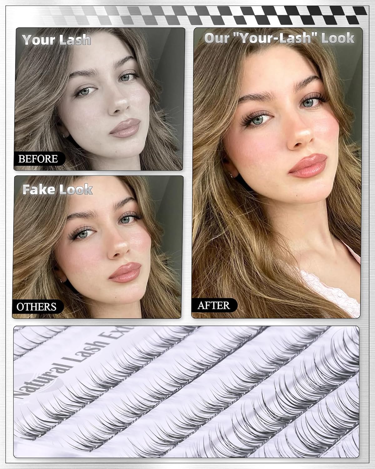 Eyelash Clusters - Natural Short Wispy Extensions 8-12mm | Individual Lashes with Clear Band & 5-6mm Bottom Lashes