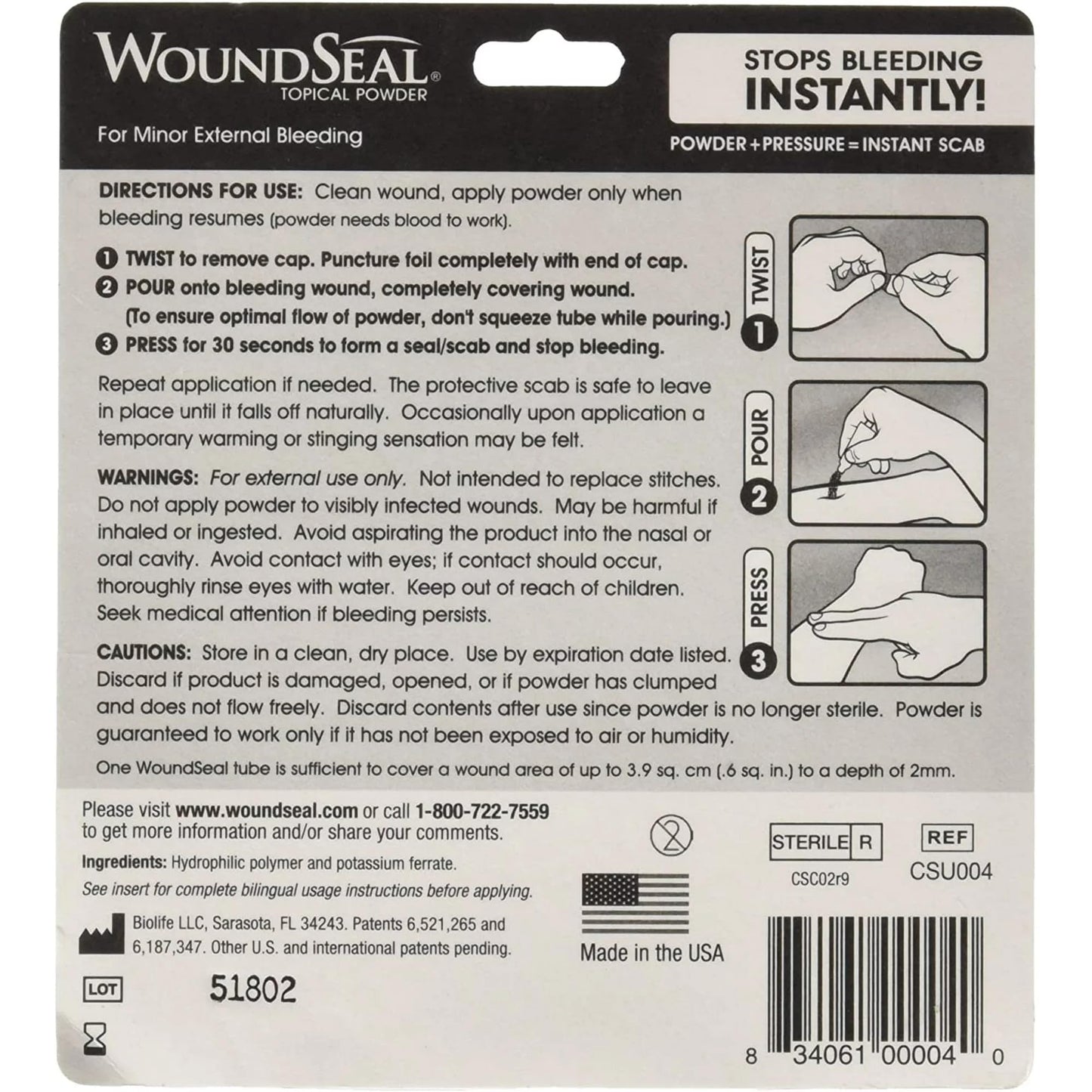 WoundSeal Powder 4 Each (Pack of 2) - Wound Care First Aid for Cuts, Scrapes and Abrasions - Stops Bleeding in Seconds Without Stitches or Bandages - Safe and Effective for People of All Ages and Pets