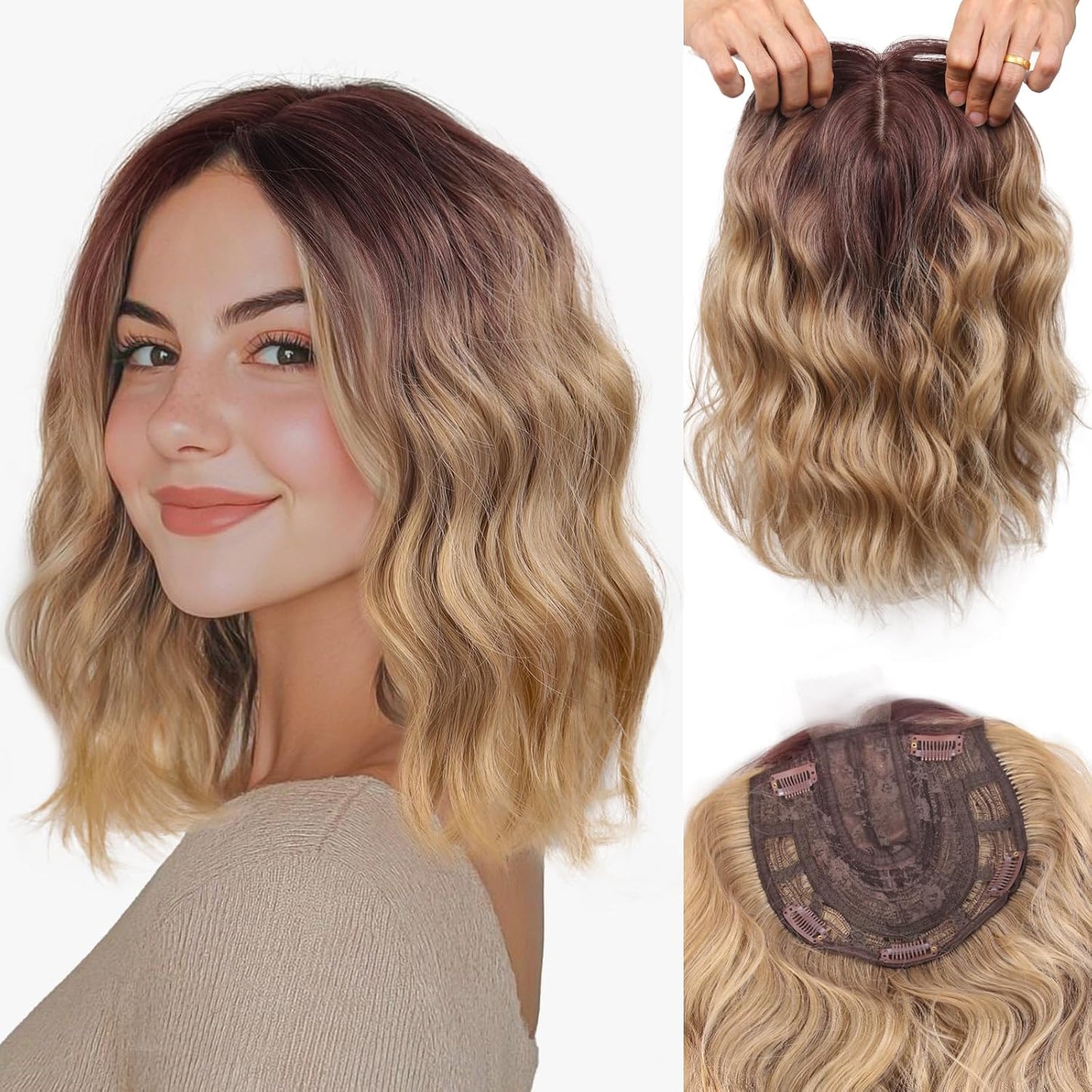 Hair Topper for Women - 11 Inch Short Wavy Synthetic Hairpiece | Heat Resistant, 6.5"x6.5" Base for Thinning Hair