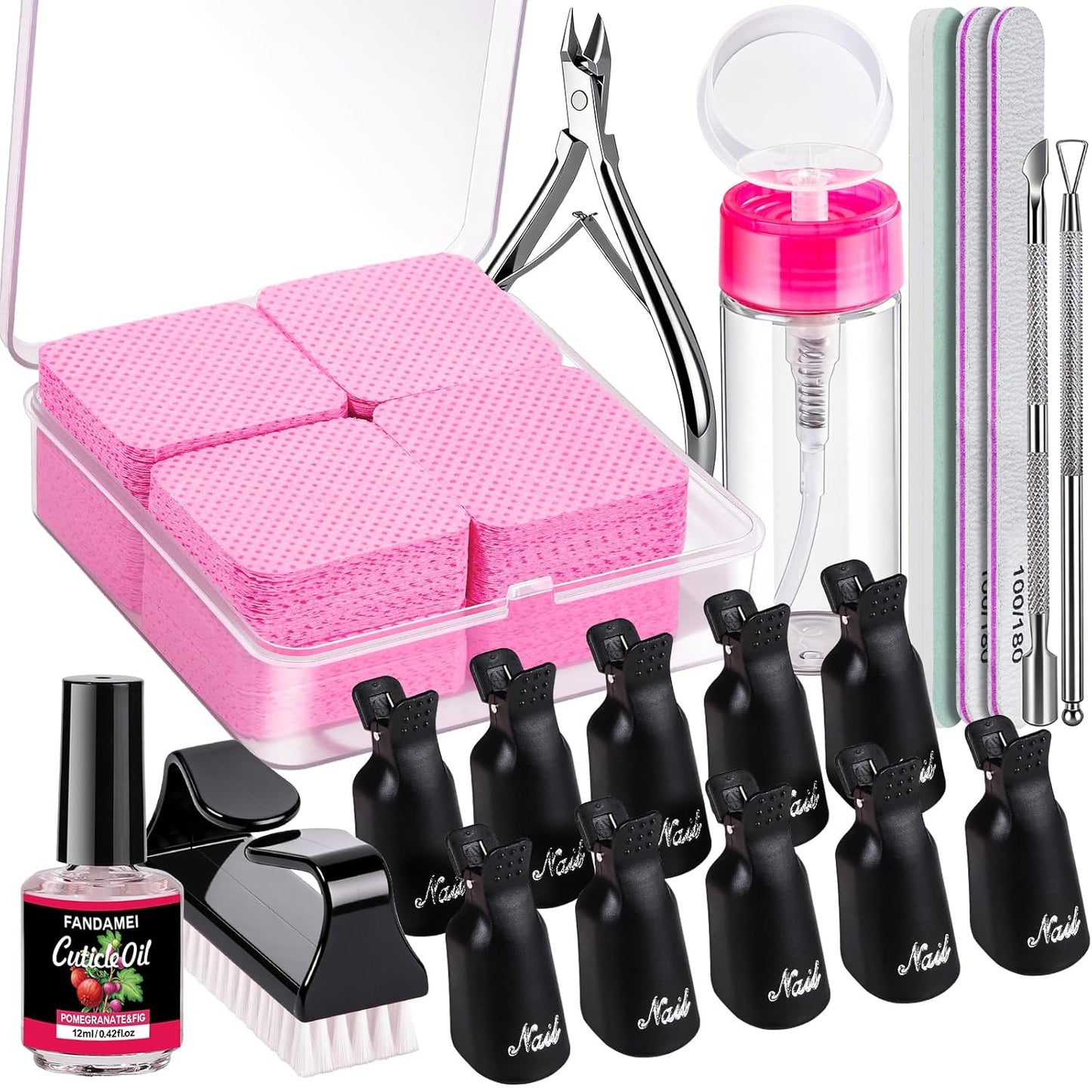 Nail Remover Kit - Complete Soak Off Tools Set with Clips, Wipes, Cuticle Nippers & Buffers | Gel Polish Remover